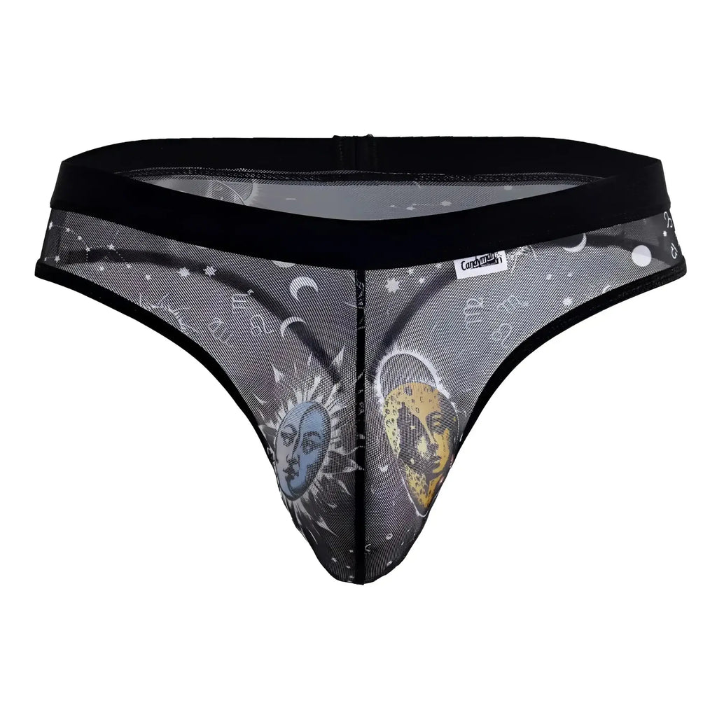 Black mesh CandyMan 99885 thong with celestial blue sun face yellow moon face and zodiac designs on gray sheer fabric