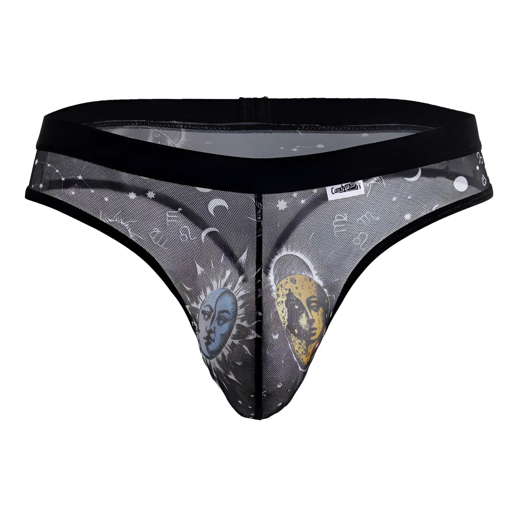 Black mesh CandyMan 99885 thong with celestial blue sun face yellow moon face and zodiac designs on gray sheer fabric