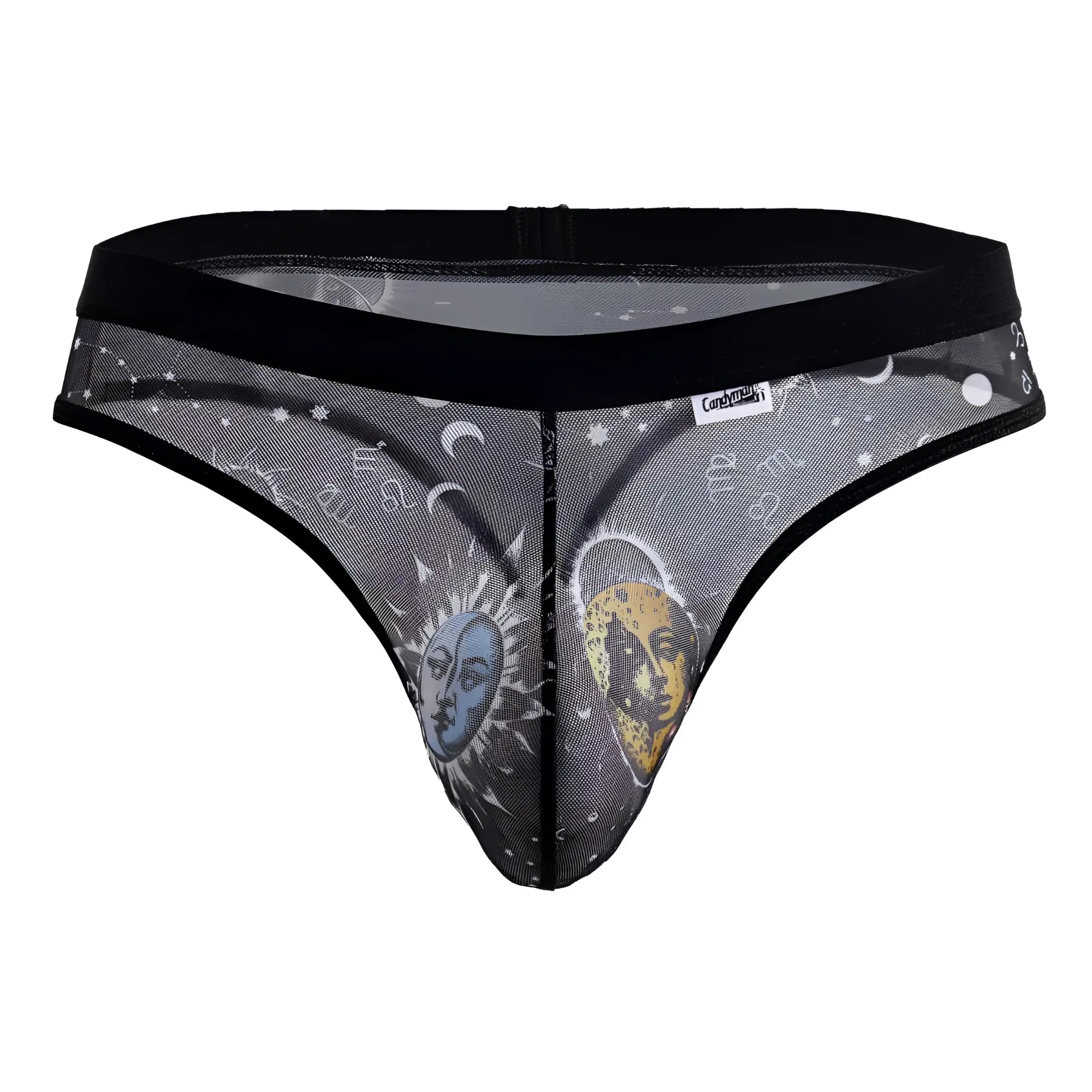 Black mesh CandyMan 99885 thong with celestial blue sun face yellow moon face and zodiac designs on gray sheer fabric