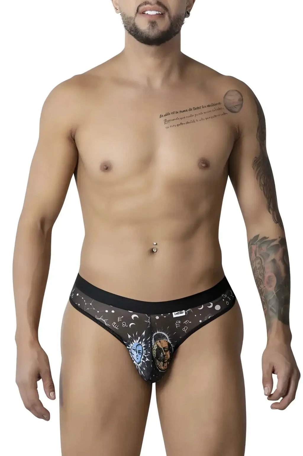 Black lace briefs with celestial moon star and illustrated face design candy man 99885 sun moon thongs black-white