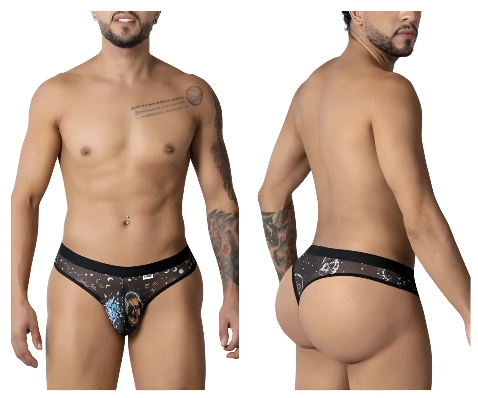 Black sheer briefs candy man 99885 with cosmic moons stars and blue white skull design in black and white