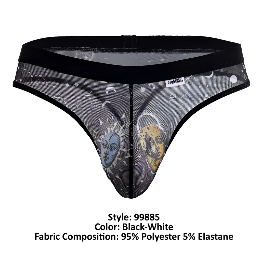 Black and white sheer mesh thong CandyMan 99885 featuring celestial blue sun face yellow moon face and astrological symbols