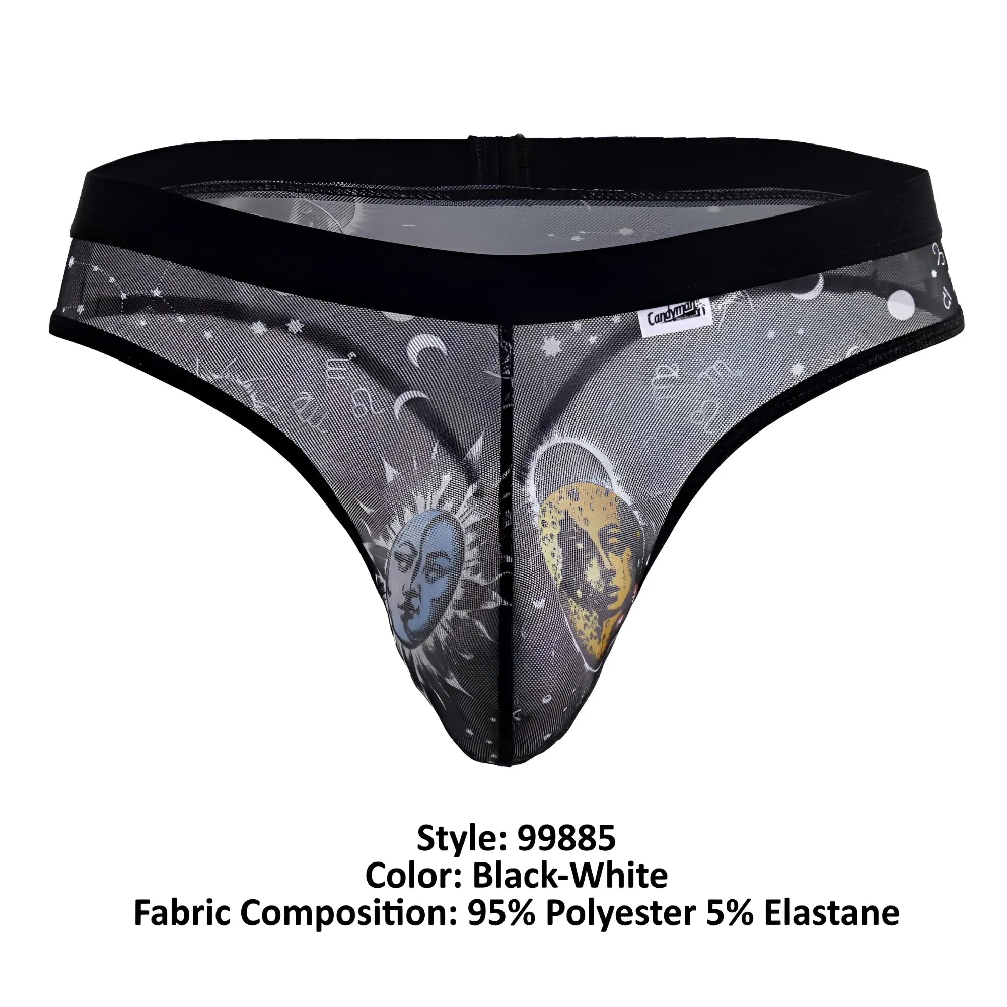 Black and white sheer mesh thong CandyMan 99885 featuring celestial blue sun face yellow moon face and astrological symbols