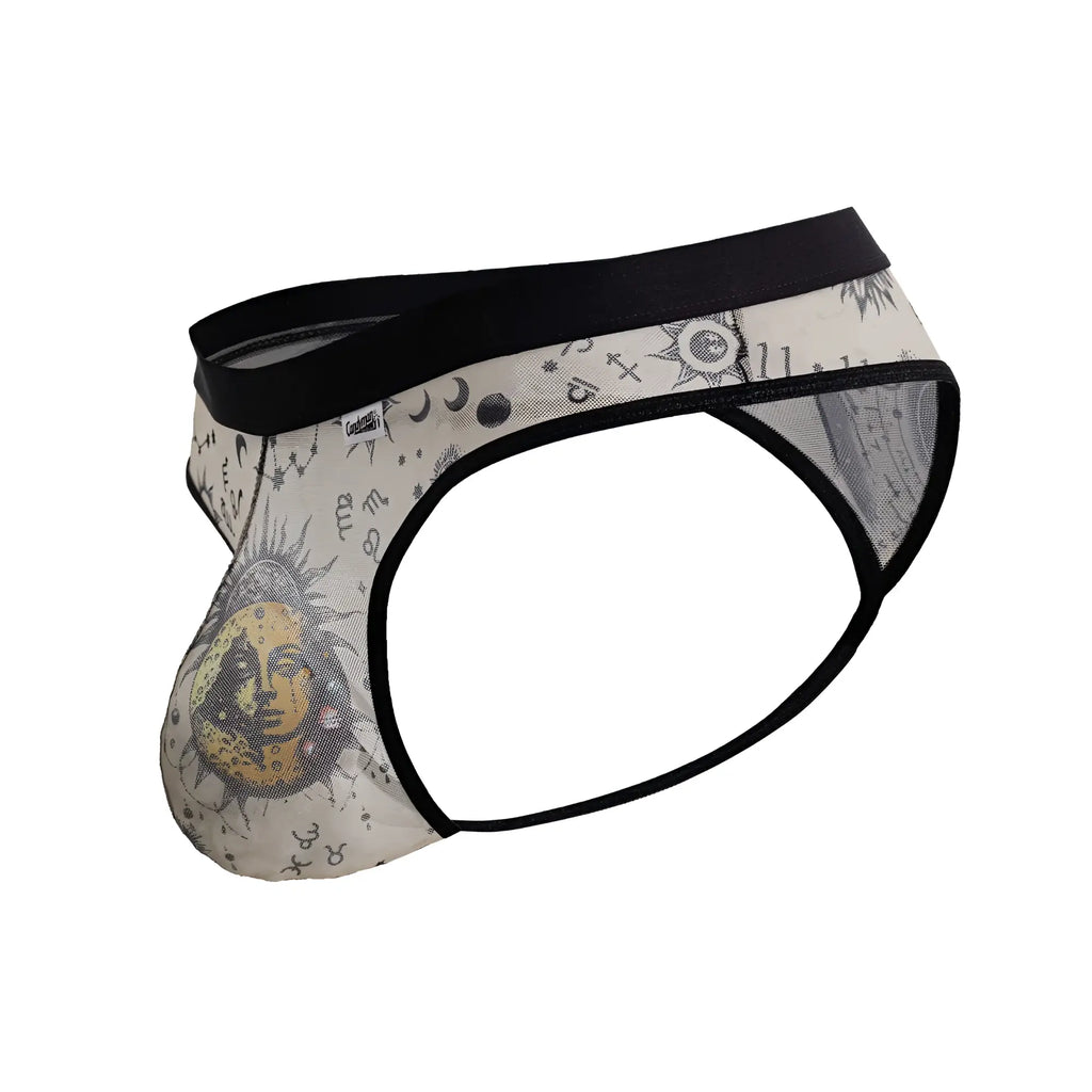 Cream-colored mens briefs with black waistband featuring celestial sun moon stars and astrological symbols design