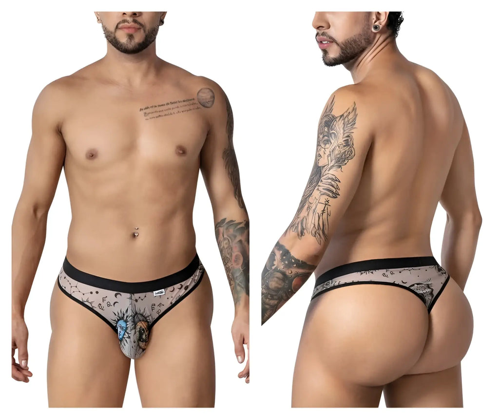 CandyMan 99885 sun moon thongs in nude black with celestial sun moon stars and constellations pattern men’s briefs