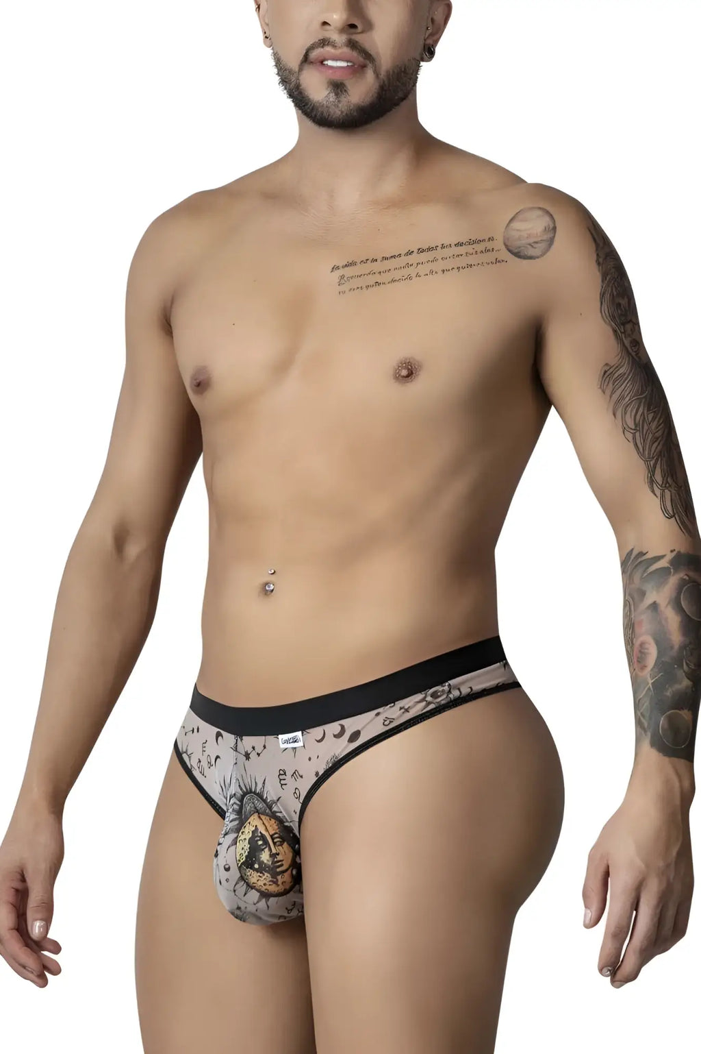 CandyMan 99885 sun moon thongs in nude black feature a detailed moon-themed design on black and gray patterned briefs