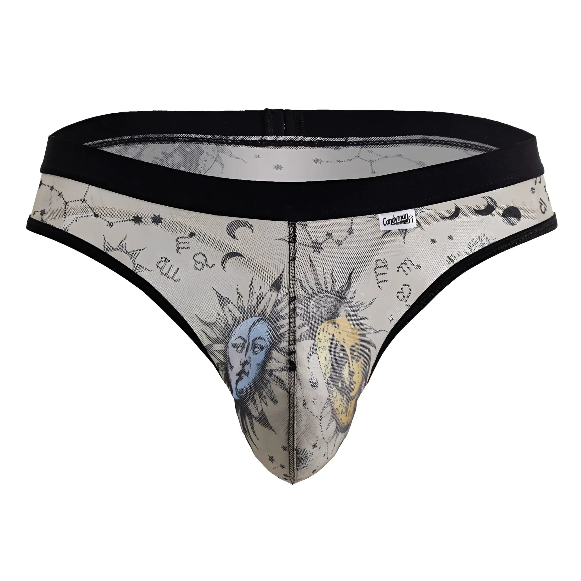 A sheer celestial-themed men’s thong in beige mesh with black trim featuring sun moon faces and zodiac symbols by candyman