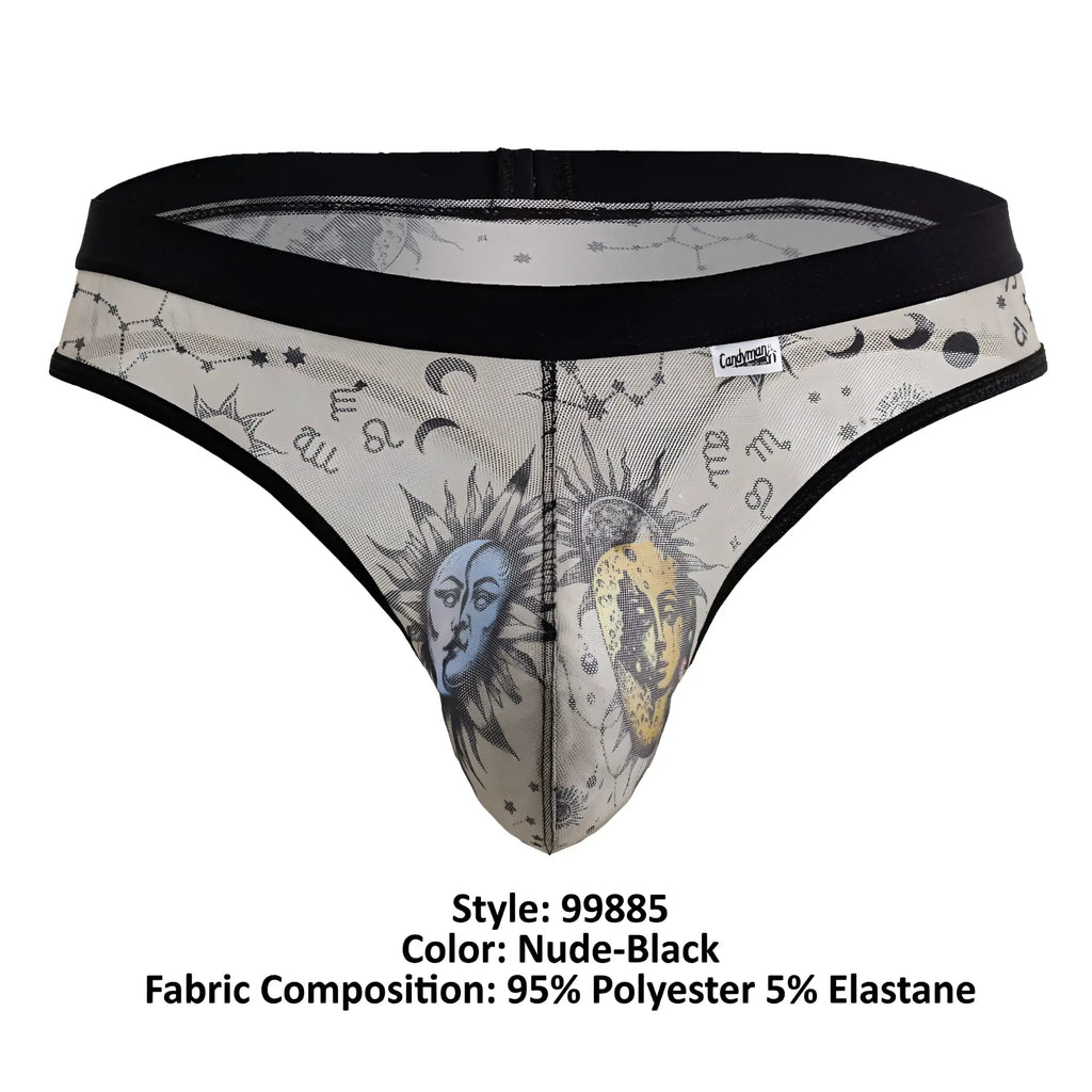 CandyMan 99885 sun moon thong in nude and black sheer mesh with celestial sun moon faces stars and zodiac symbols