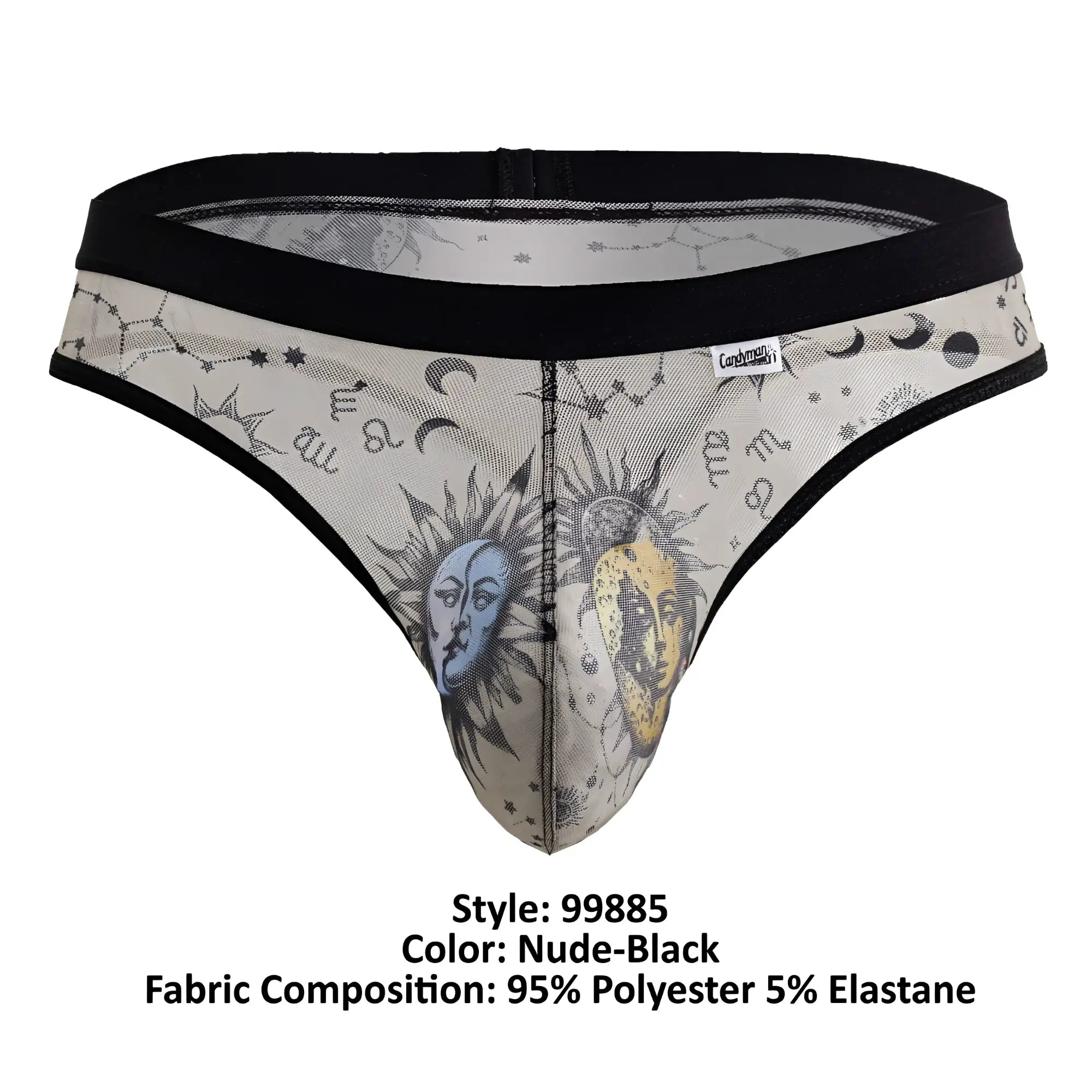 CandyMan 99885 sun moon thong in nude and black sheer mesh with celestial sun moon faces stars and zodiac symbols