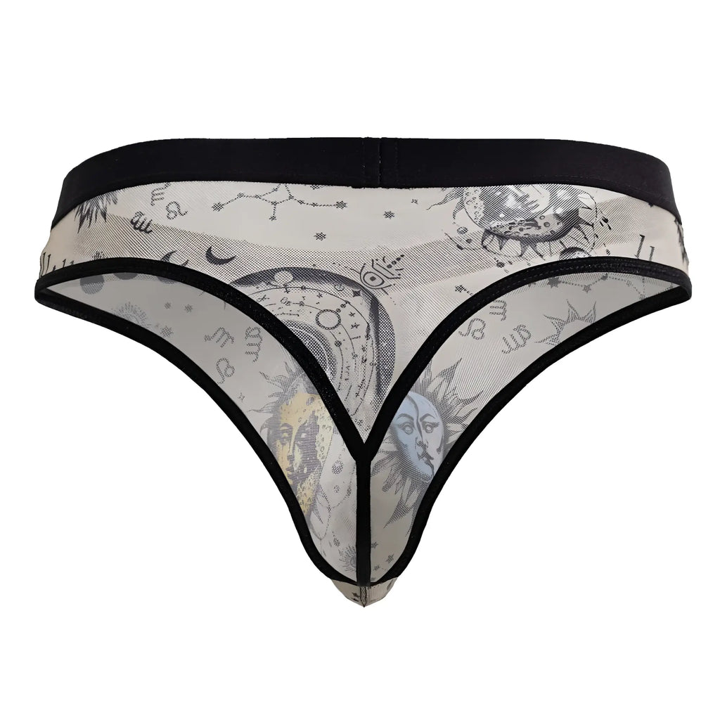 Black-trimmed sheer CandyMan 99885 thong in nude and black with celestial sun moon faces and zodiac constellation design