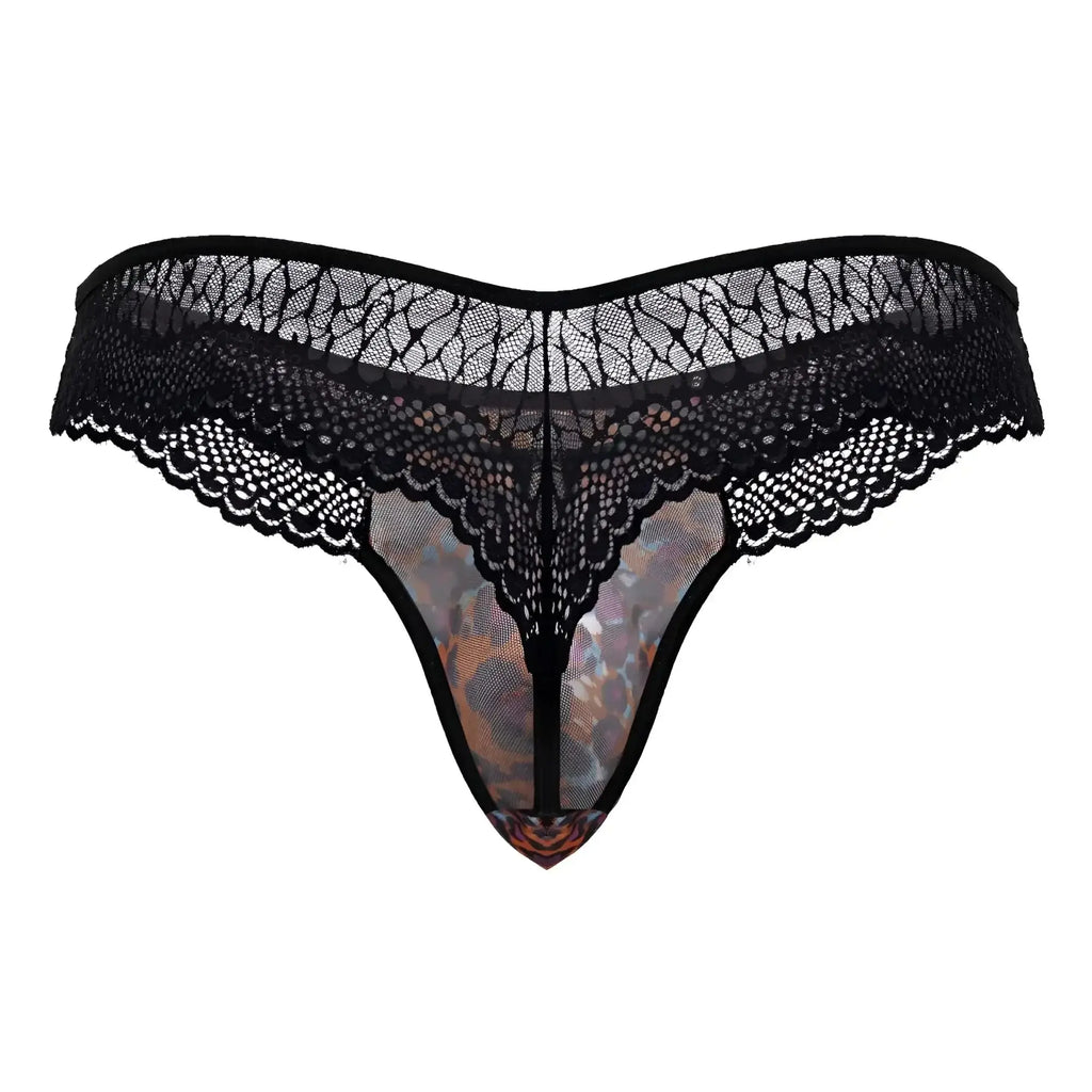 Black lace thong with sheer iridescent floral inner panel from candyman 99887 leopard thongs color animal print