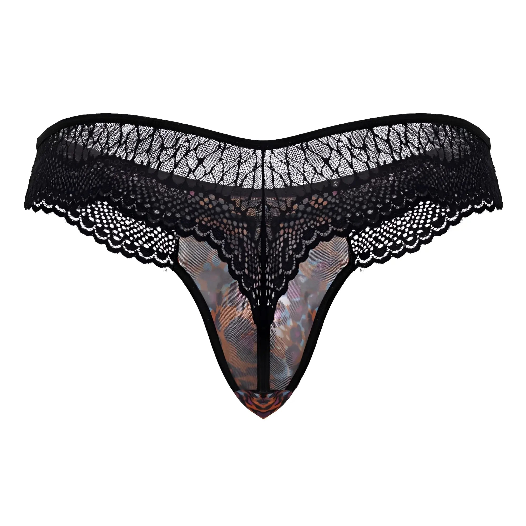 Black lace thong with sheer iridescent floral inner panel from candyman 99887 leopard thongs color animal print