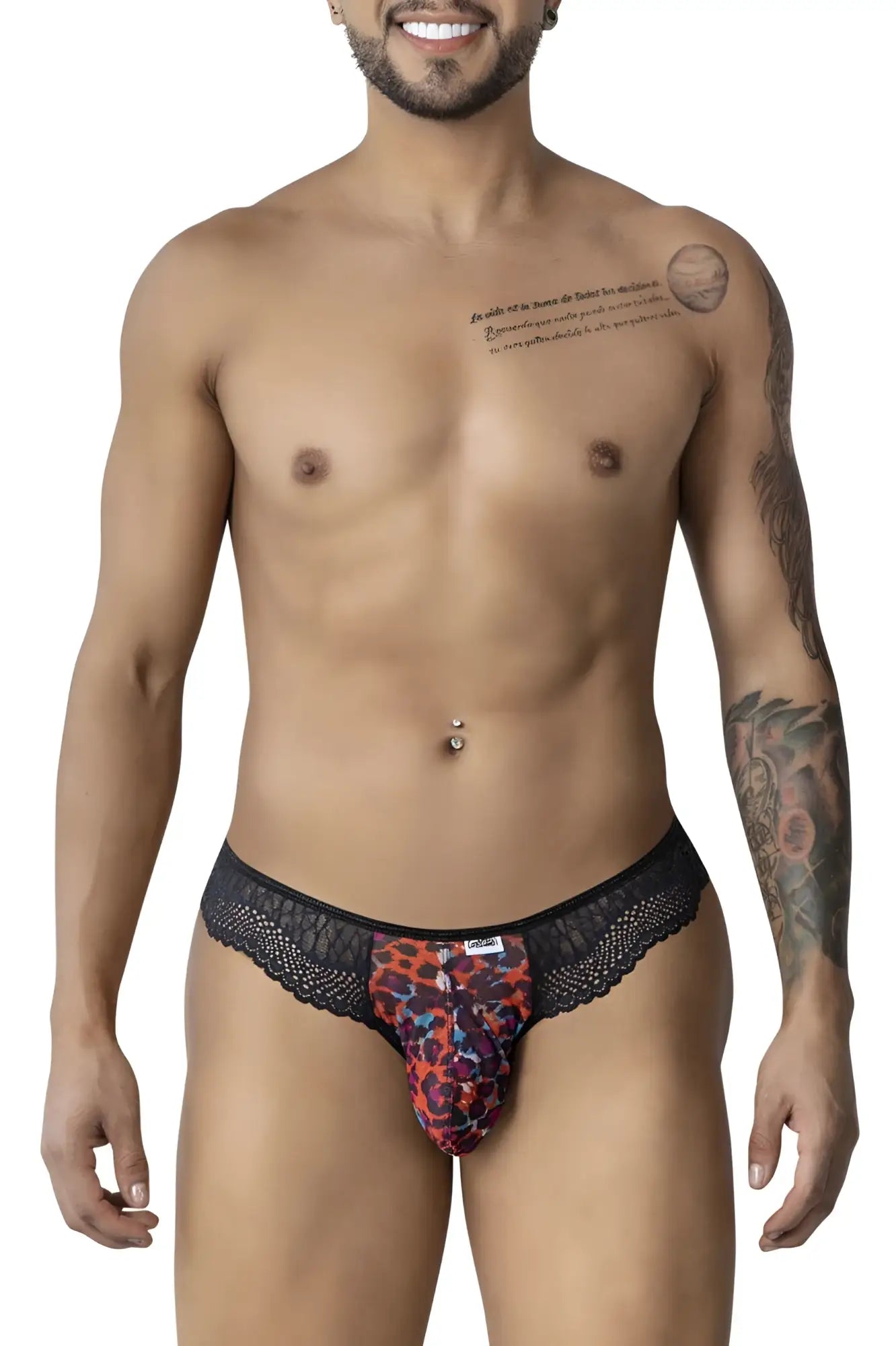 Black lace-trimmed men’s briefs with vibrant red orange and purple leopard print from candyman 99887 collection