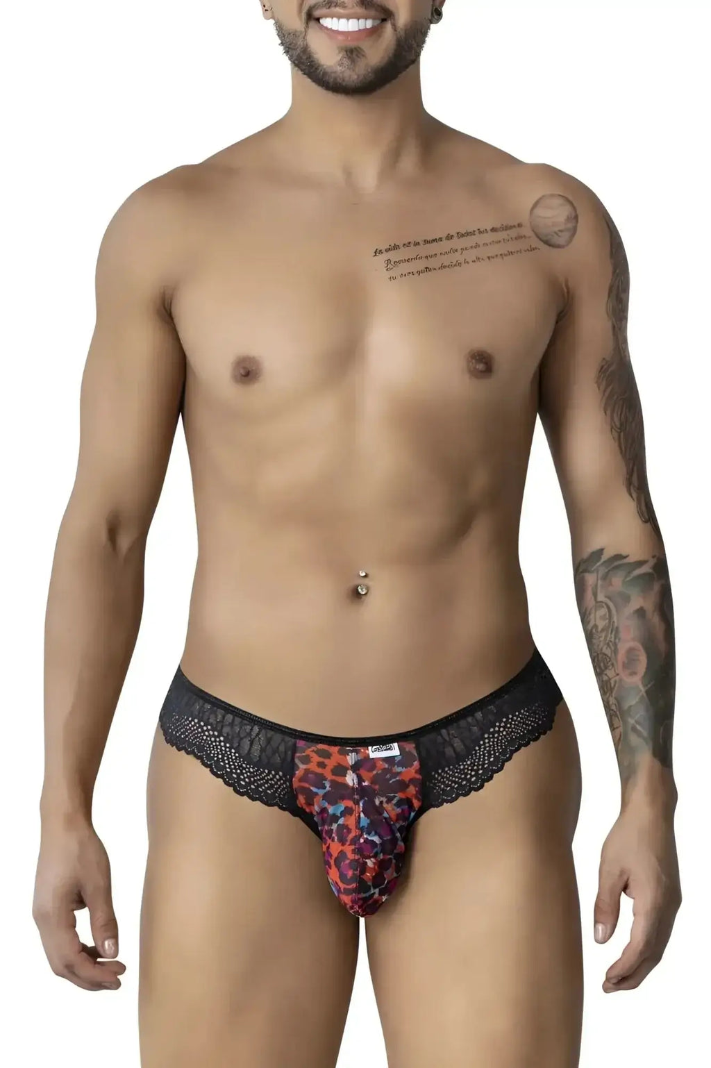 Black lace-trimmed men’s briefs with vibrant red orange and purple leopard print from candyman 99887 collection
