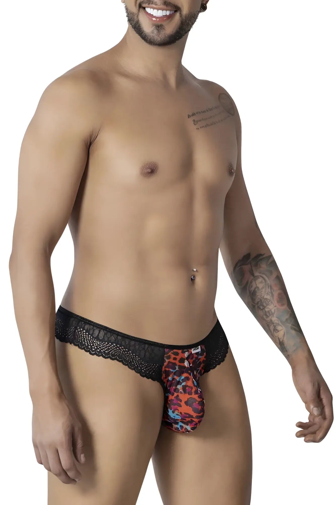 Black lace-trimmed men’s briefs with vibrant red orange and blue leopard print pouch candyMan 99887 leopard thongs color animal print