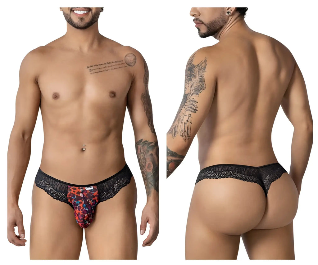 CandyMan 99887 leopard thongs with black lace trim and vibrant red orange black leopard print front panel
