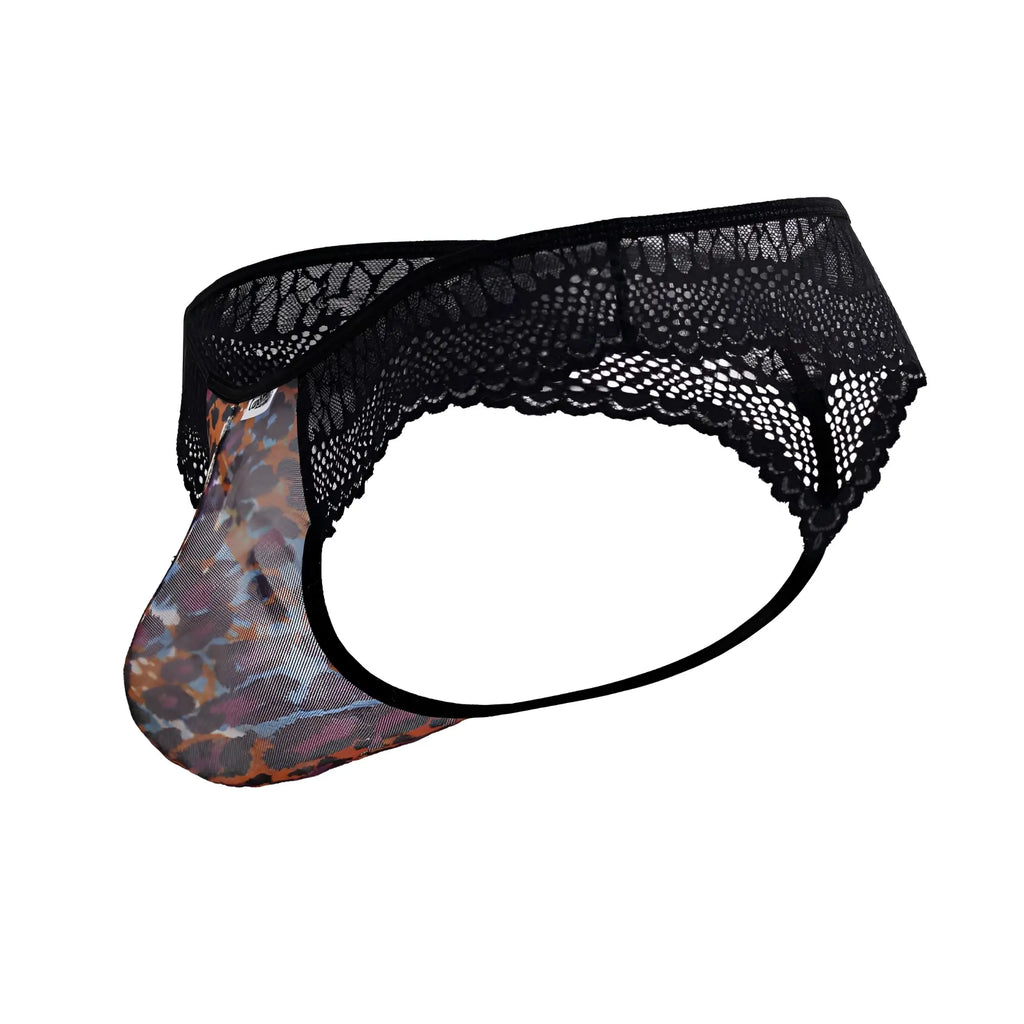 Black lace-trimmed mens thong candyMan 99887 with leopard print mesh front panel in animal print color