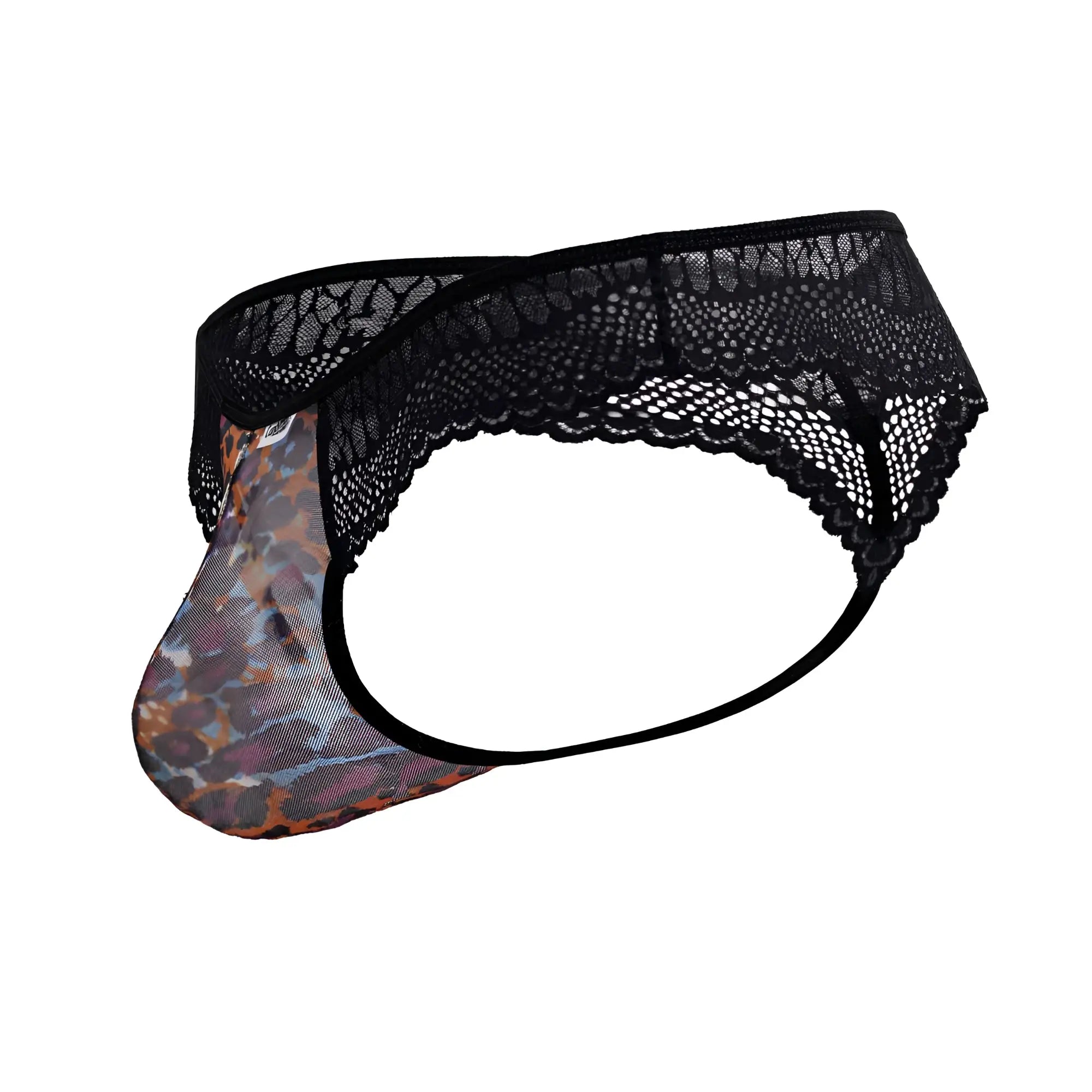 Black lace-trimmed mens thong candyMan 99887 with leopard print mesh front panel in animal print color