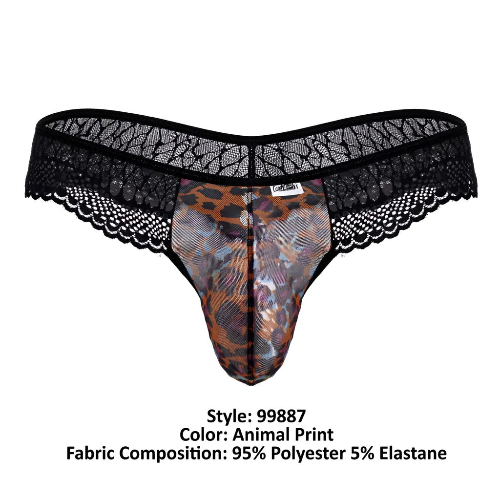 Black lace-trimmed thong with leopard print center panel made of 95 polyester 5 elastane from candyman 99887 collection