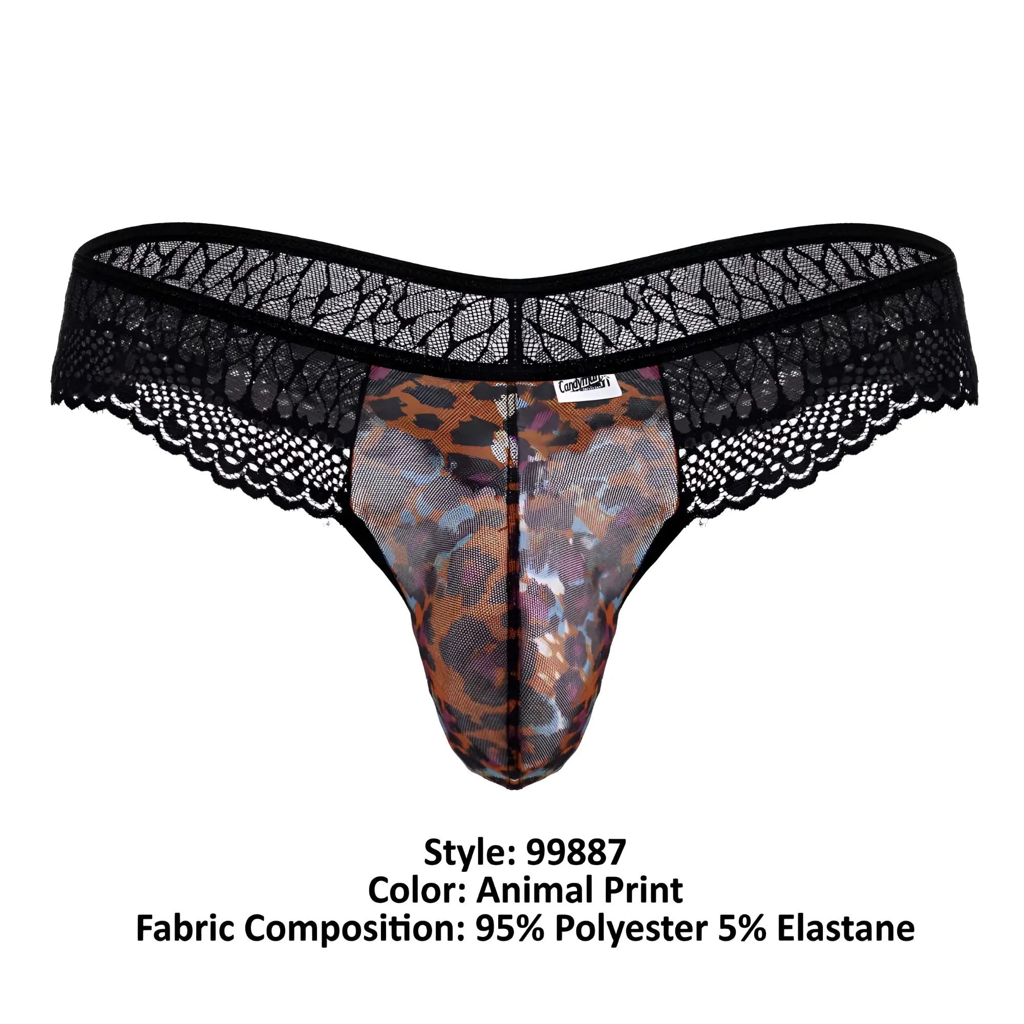 Black lace-trimmed thong with leopard print center panel made of 95 polyester 5 elastane from candyman 99887 collection