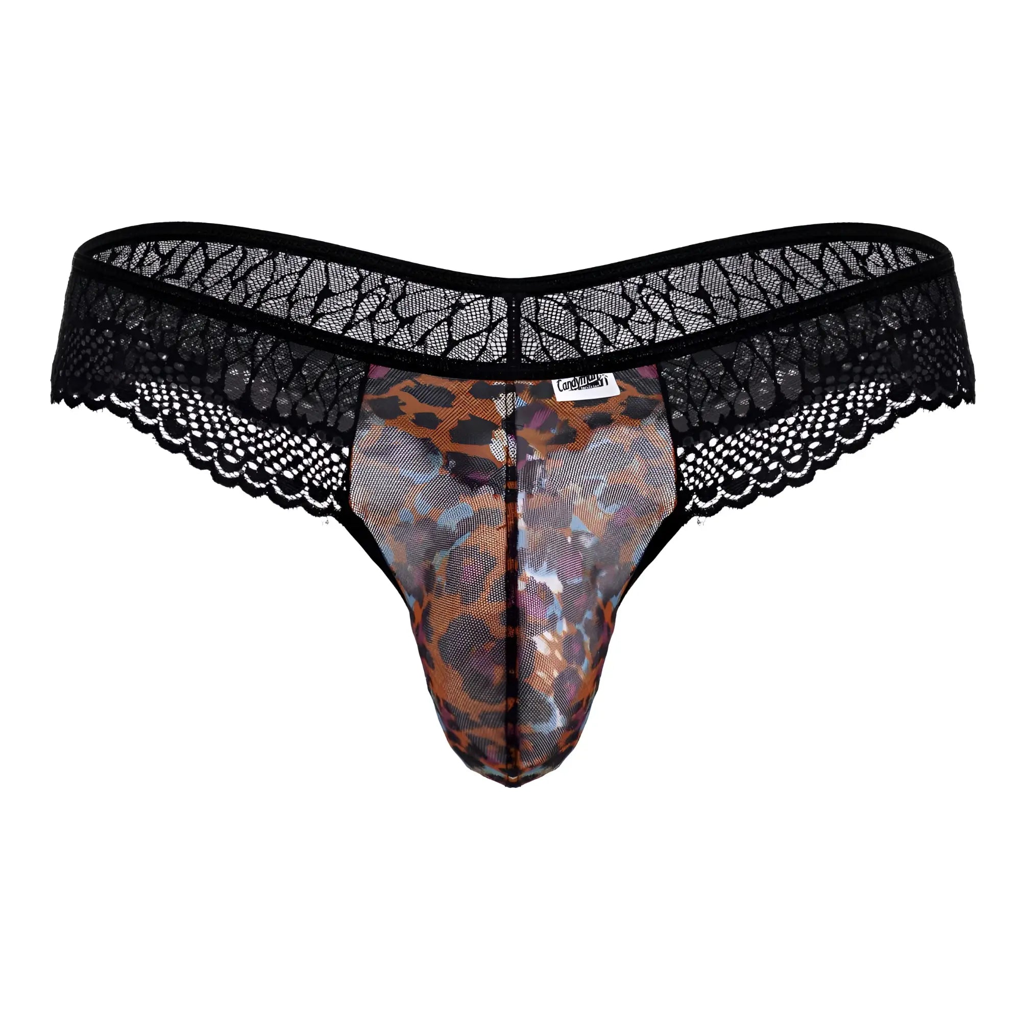 Black lace-trimmed thong with sheer leopard-print mesh front from Candyman 99887 animal print collection