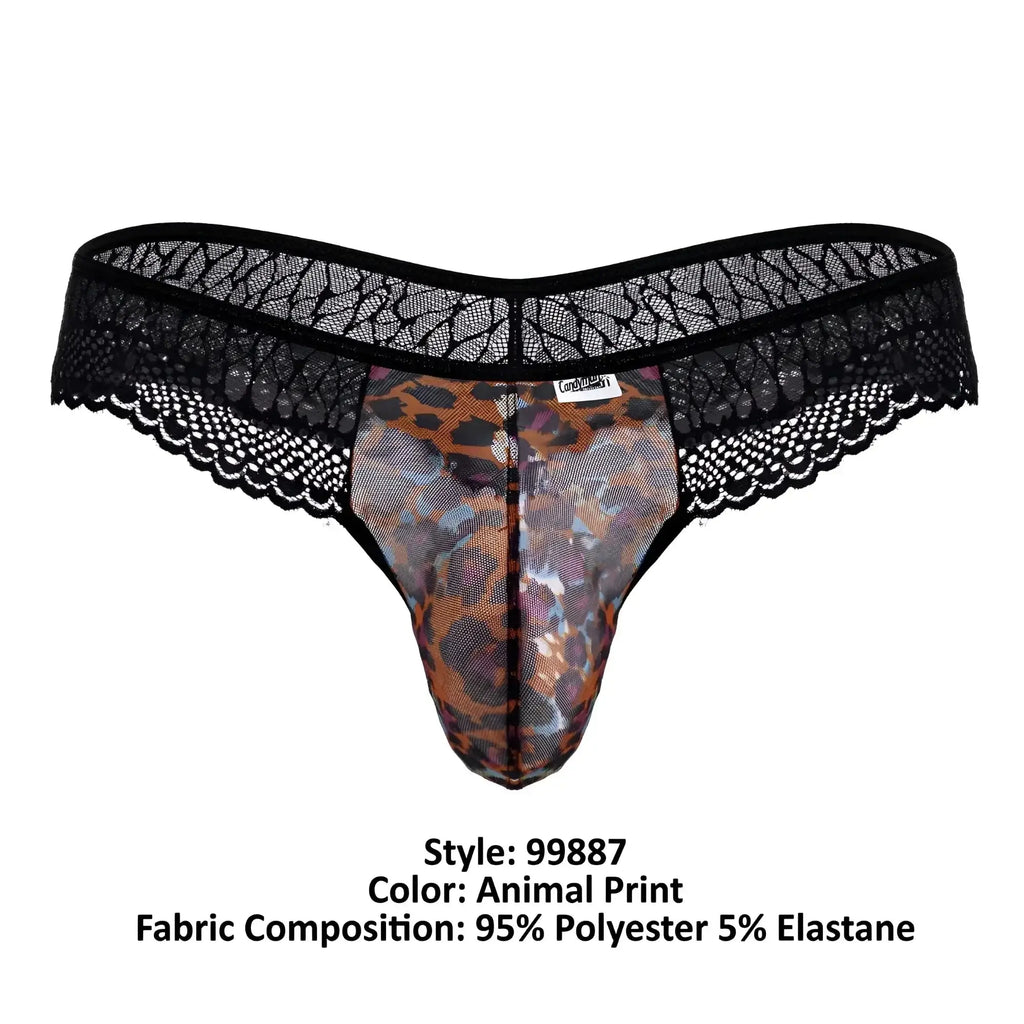 Black lace-trimmed thong with leopard print center panel made of 95 polyester 5 elastane from candyman 99887 collection