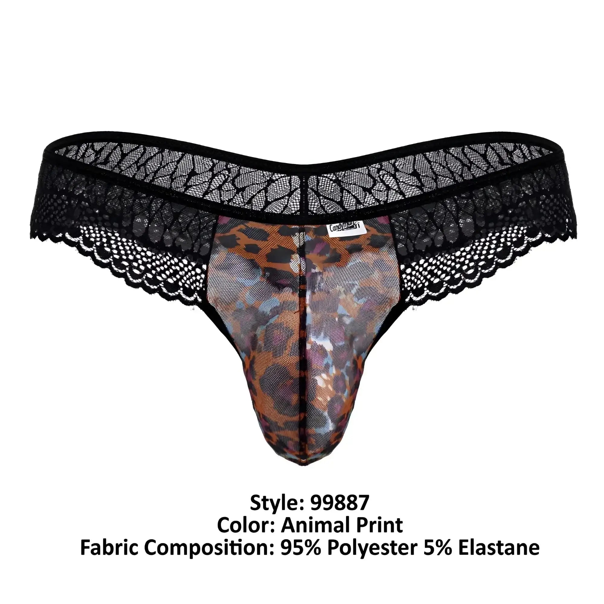 Black lace-trimmed thong with leopard print center panel made of 95 polyester 5 elastane from candyman 99887 collection