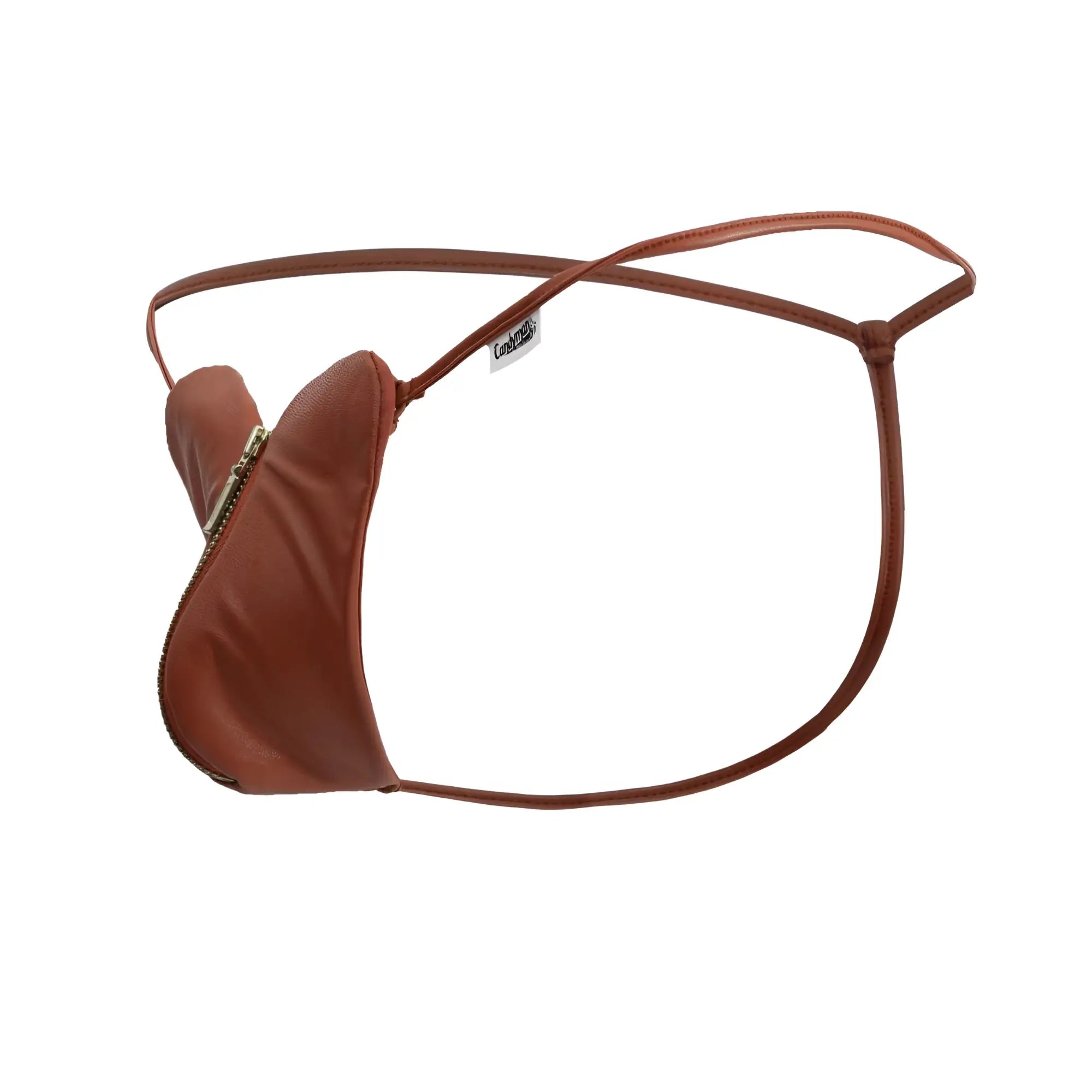 Brown leather CandyMan 99892 Heart thong in red with zipper closure and thin straps shown from the back