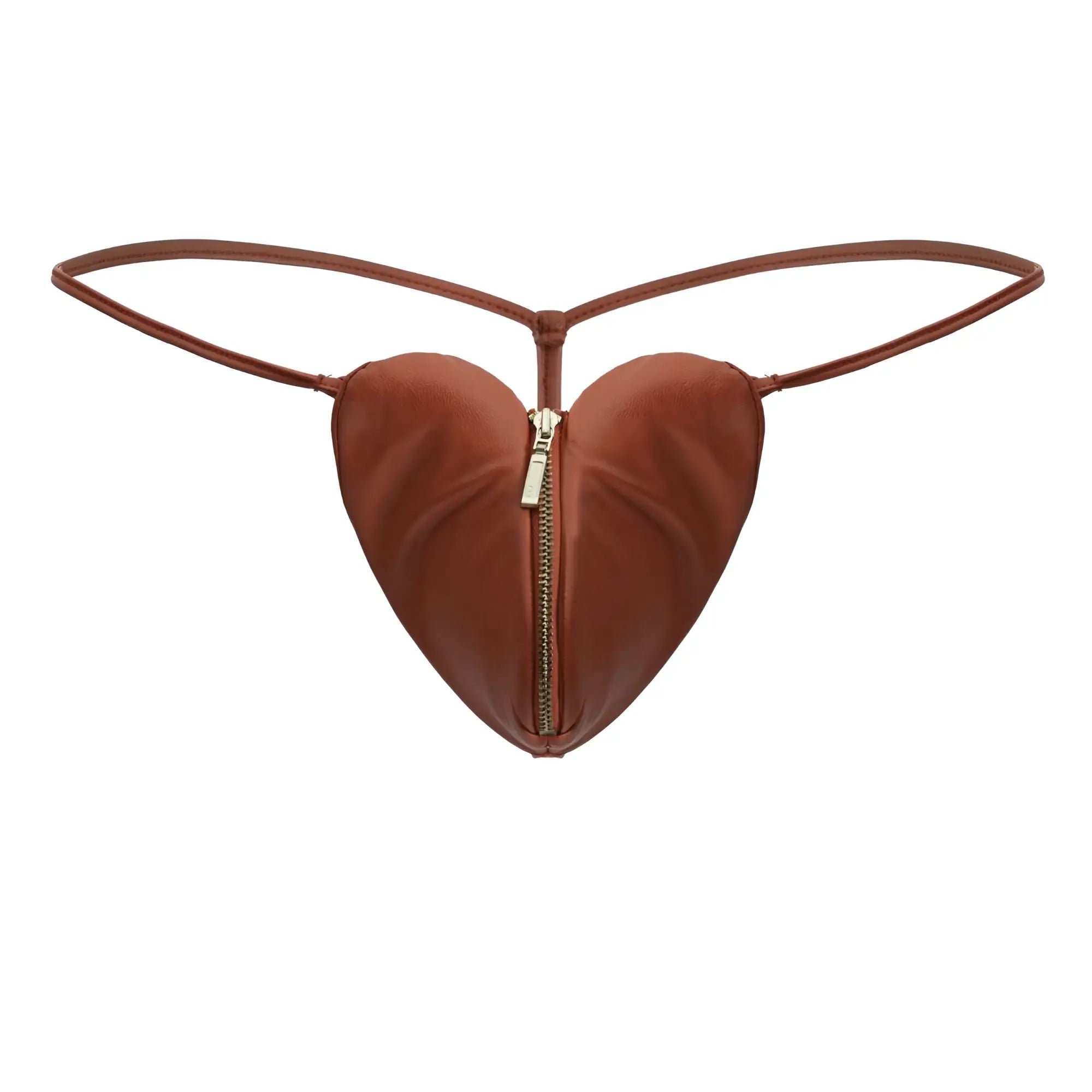 CandyMan 99892 heart thongs in red featuring a brown heart-shaped pouch with zipper and thin straps