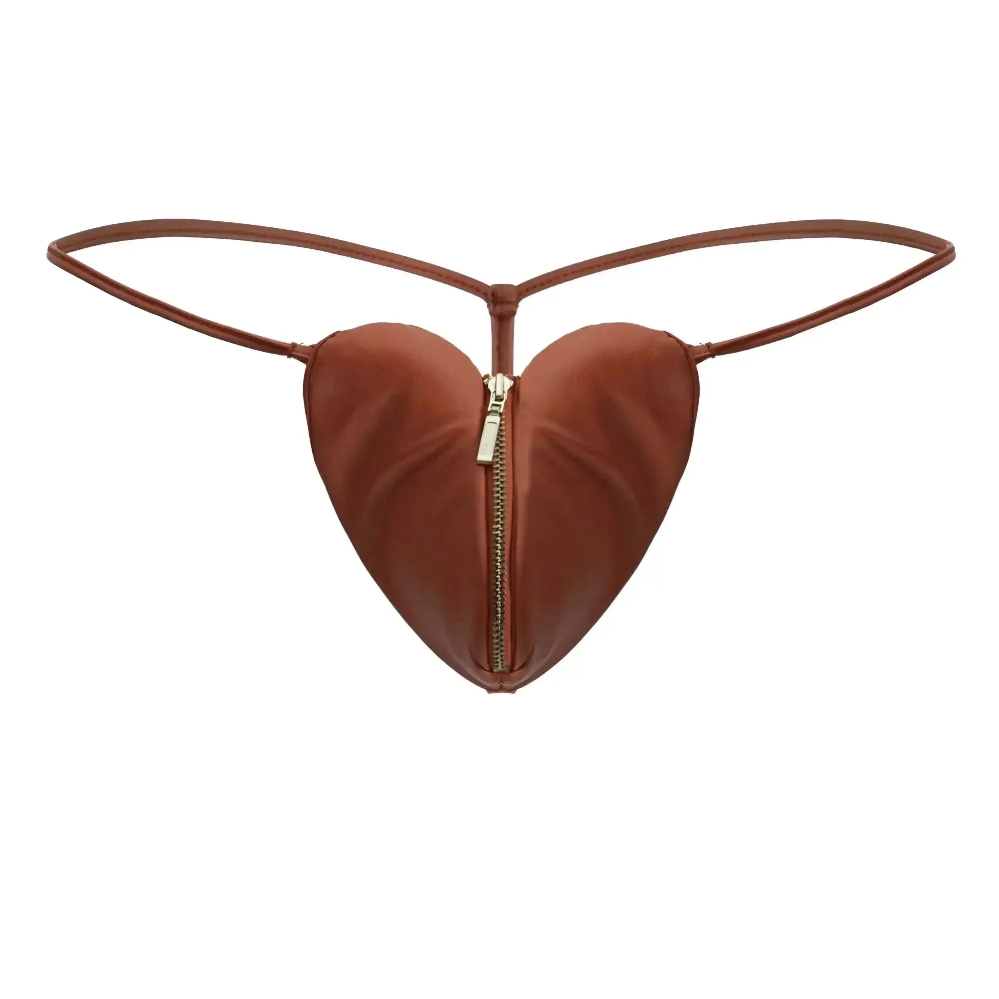 CandyMan 99892 heart thongs in red featuring a brown heart-shaped pouch with zipper and thin straps