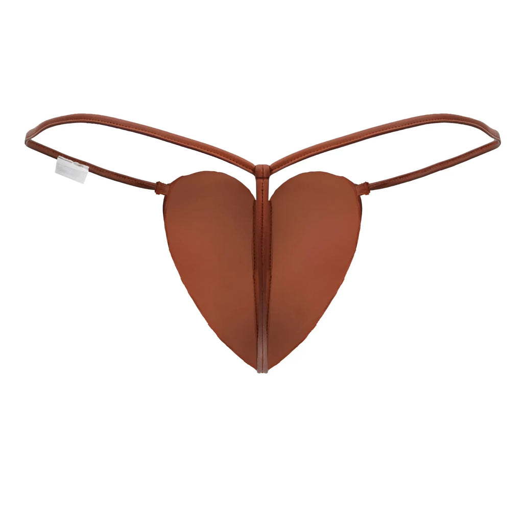 Brown heart-shaped thong with thin straps made of smooth leather-like material from Candyman 99892 red collection