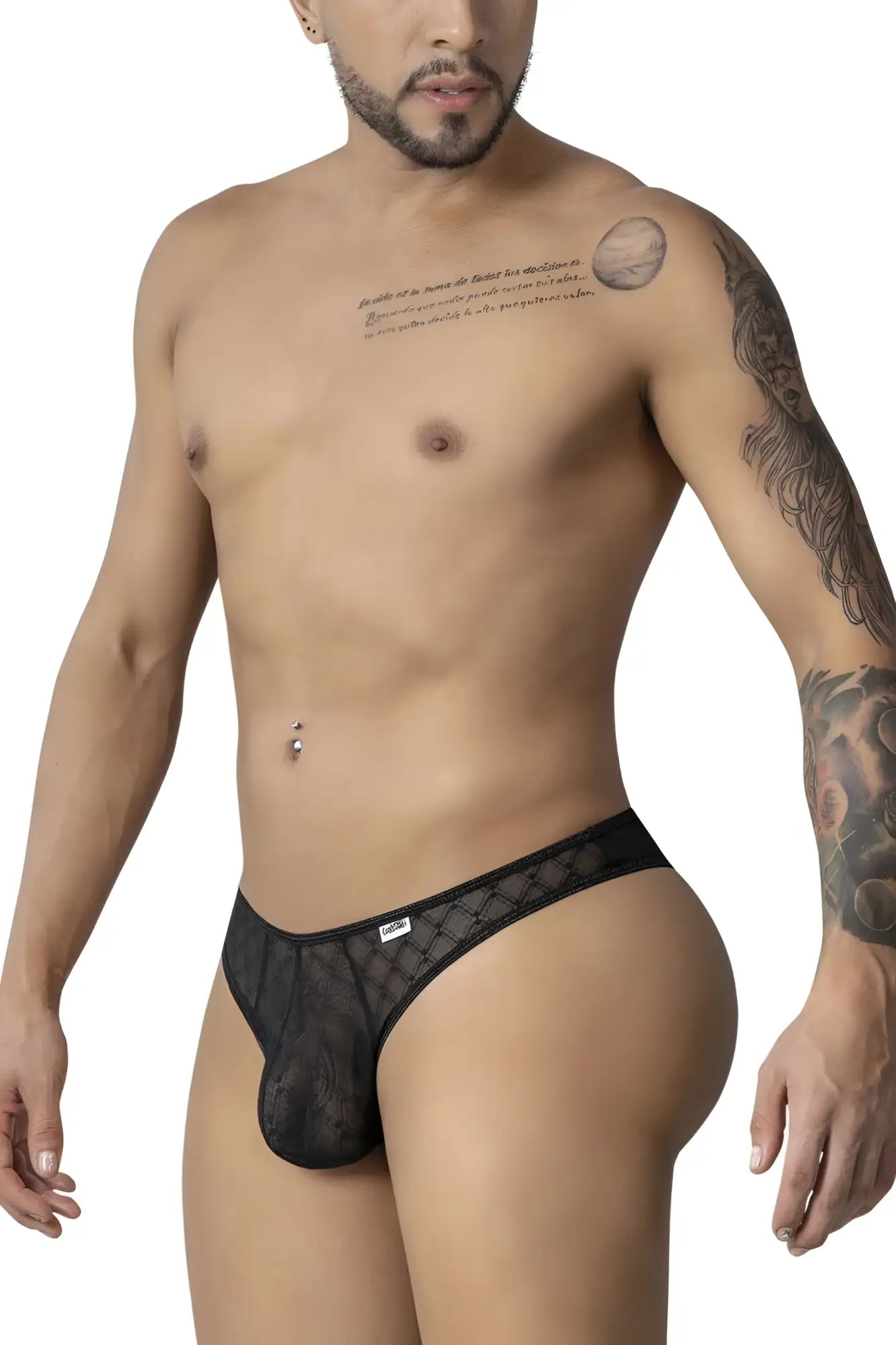 Black lace mens briefs with subtle geometric mesh pattern and small brand tag on the waistband by candyman