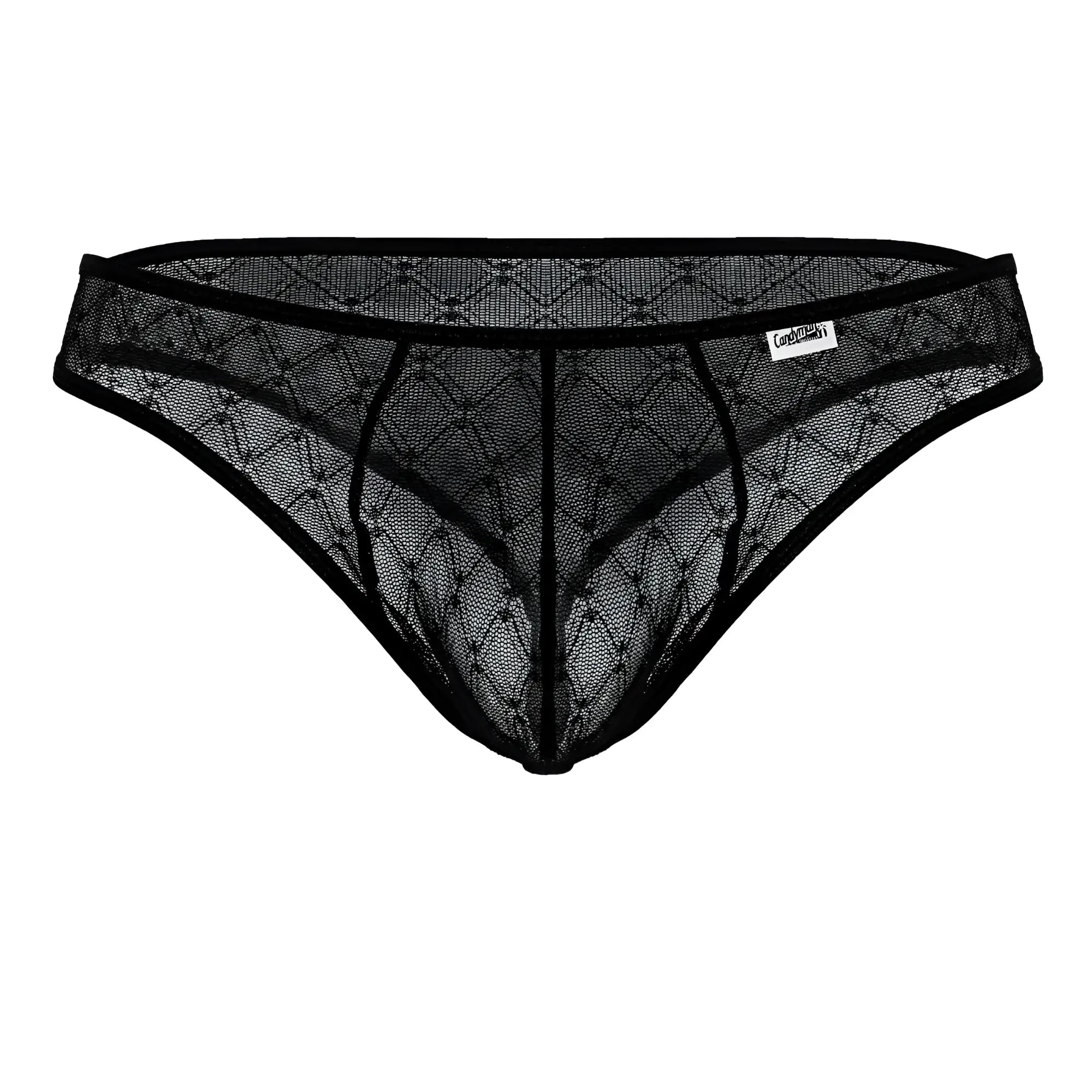 Black candyMan 99894 geometric mesh briefs thong with diamond-patterned mesh and reinforced elastic waistband