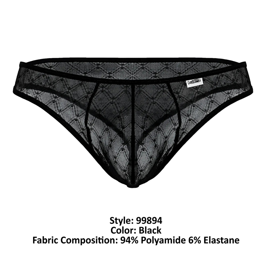 Black candyMan 99894 geometric mesh briefs featuring a diamond-patterned lace thong with reinforced elastic waistband