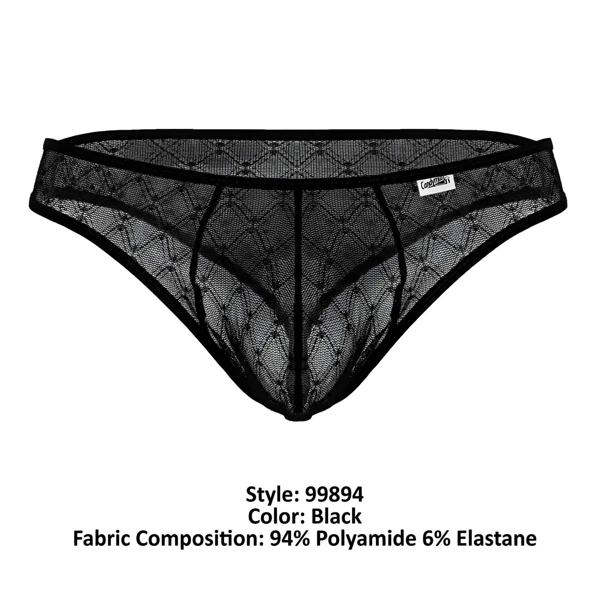 Black candyMan 99894 geometric mesh briefs featuring a diamond-patterned lace thong with reinforced elastic waistband