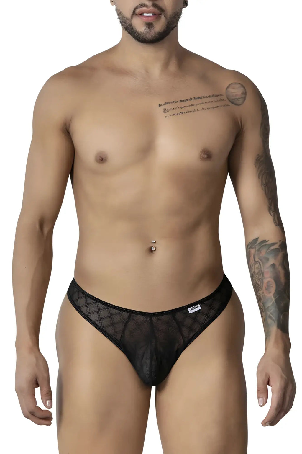 Black lace thong candyMan 99894 with subtle geometric mesh pattern and white brand tag on waistband