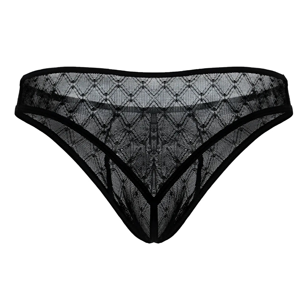Black sheer lace thong with geometric mesh diamond pattern and solid trim in candyMan 99894 briefs black