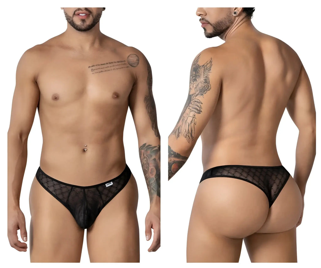 Black CandyMan 99894 geometric mesh briefs with sheer fabric, subtle pattern, and solid black waistband