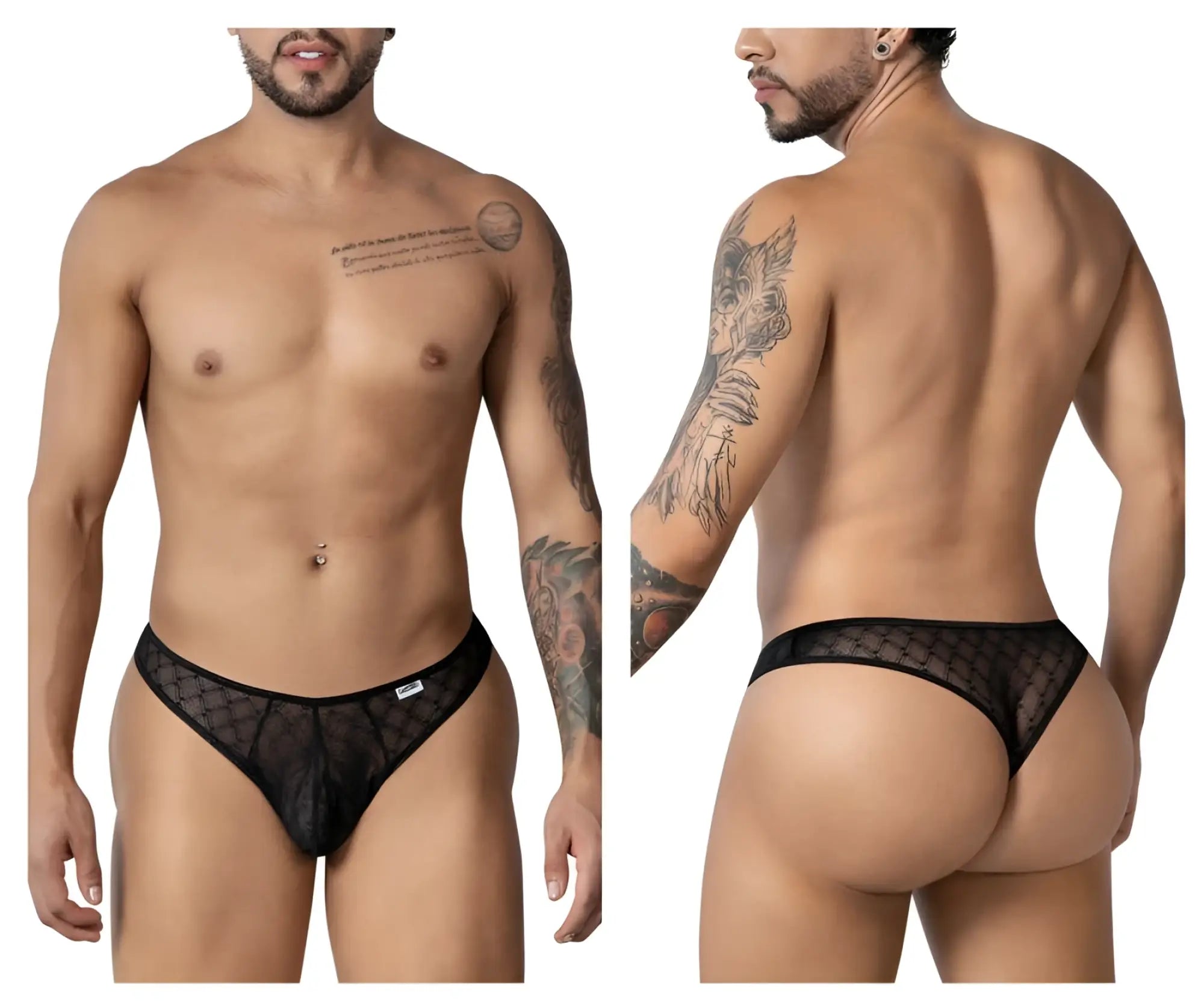 Black CandyMan 99894 geometric mesh briefs with sheer fabric, subtle pattern, and solid black waistband