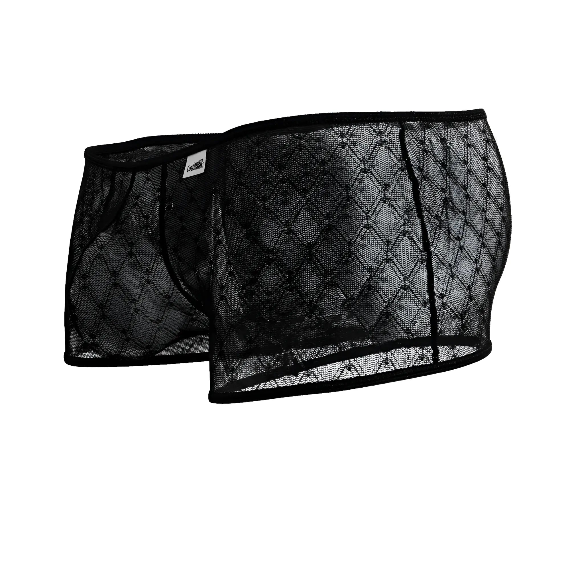 CandyMan 99896 black lace-trimmed mesh briefs with diamond-patterned design in breathable geometric fabric