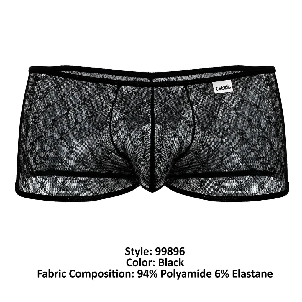 Candyman 99896 black sheer mesh briefs with diamond pattern and black elastic waistband for comfortable wear