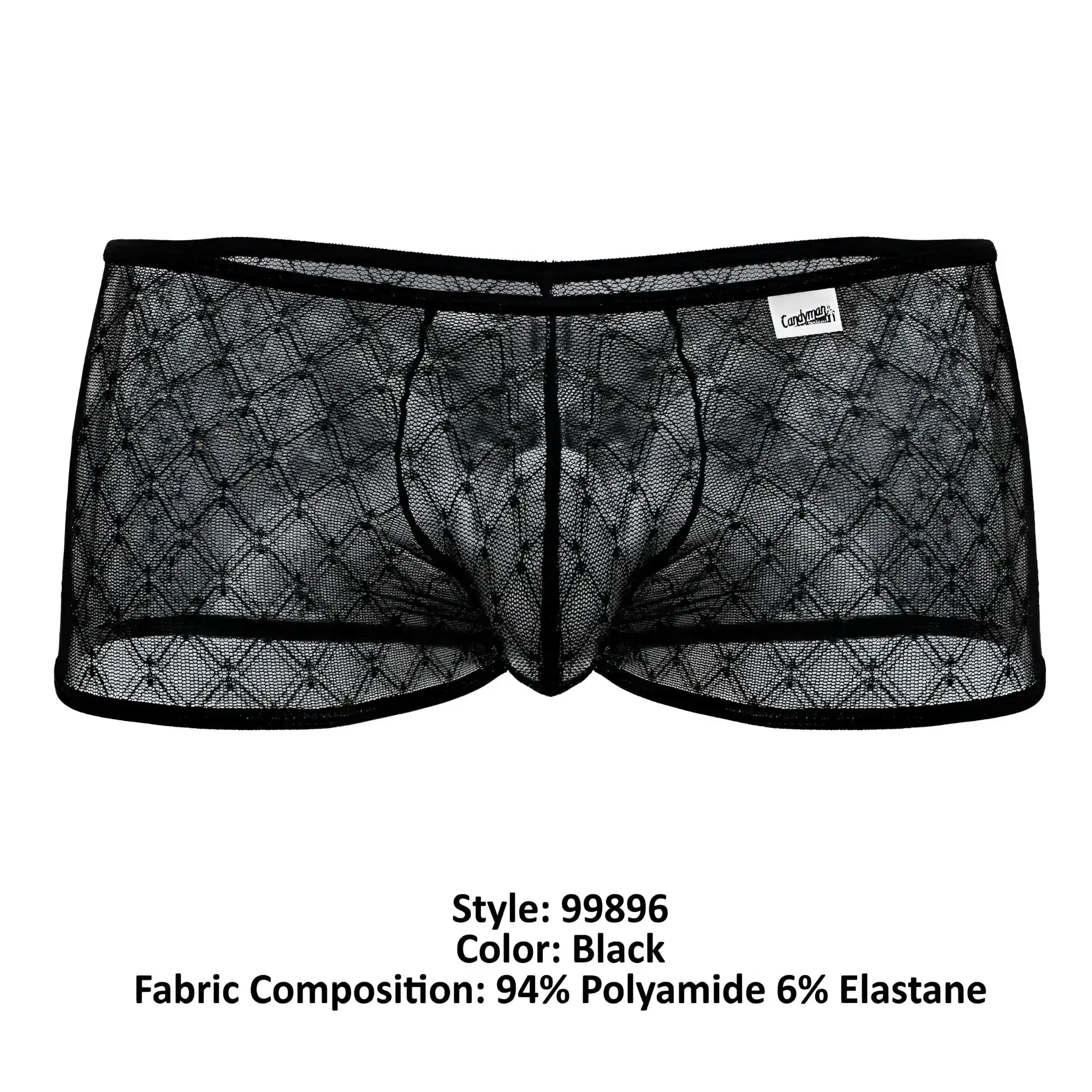 Candyman 99896 black sheer mesh briefs with diamond pattern and black elastic waistband for comfortable wear
