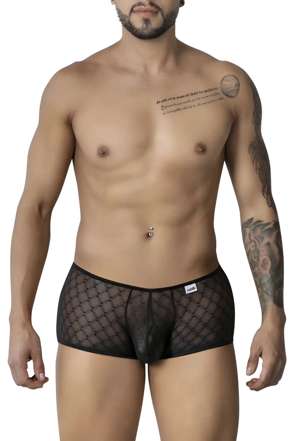 Black candyMan 99896 geometric mesh trunks with diamond pattern sheer briefs and elastic waistband visible from front