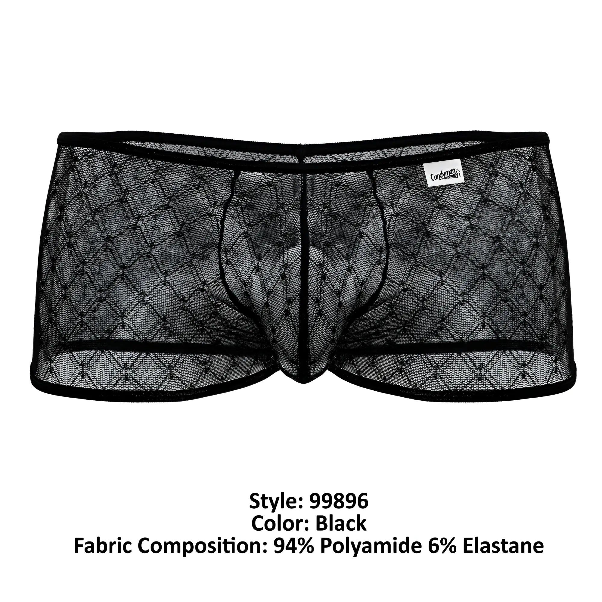 Candyman 99896 black sheer mesh briefs with diamond pattern and black elastic waistband for comfortable wear