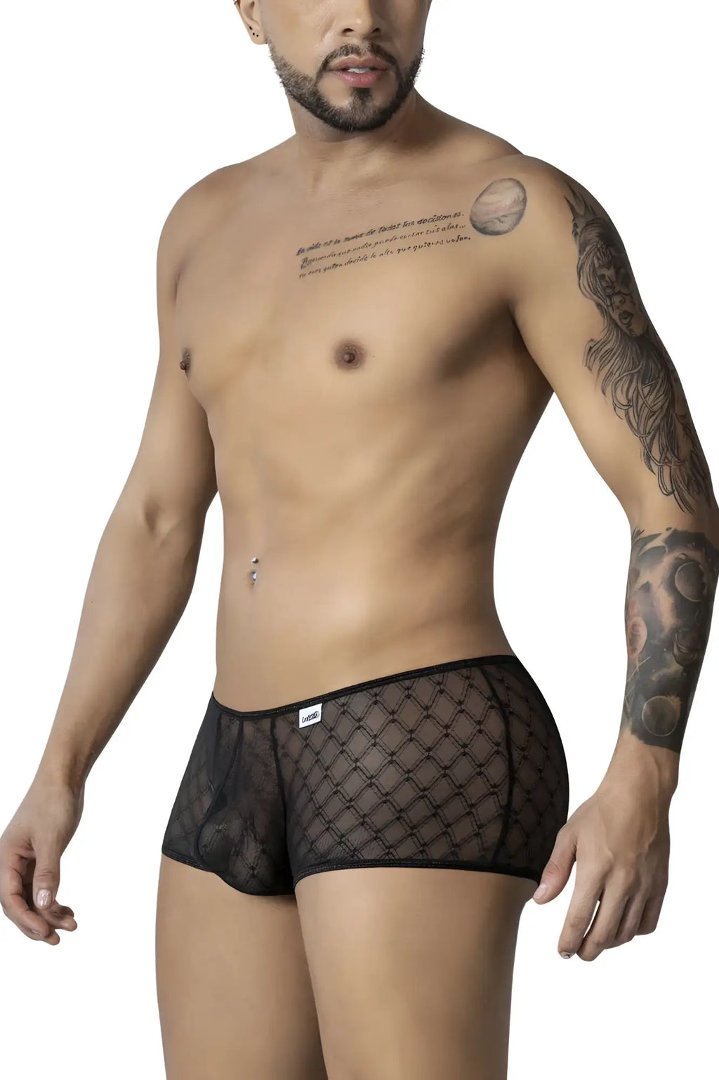 Black sheer mesh briefs with diamond-patterned design from Candyman 99896 geometric mesh trunks collection