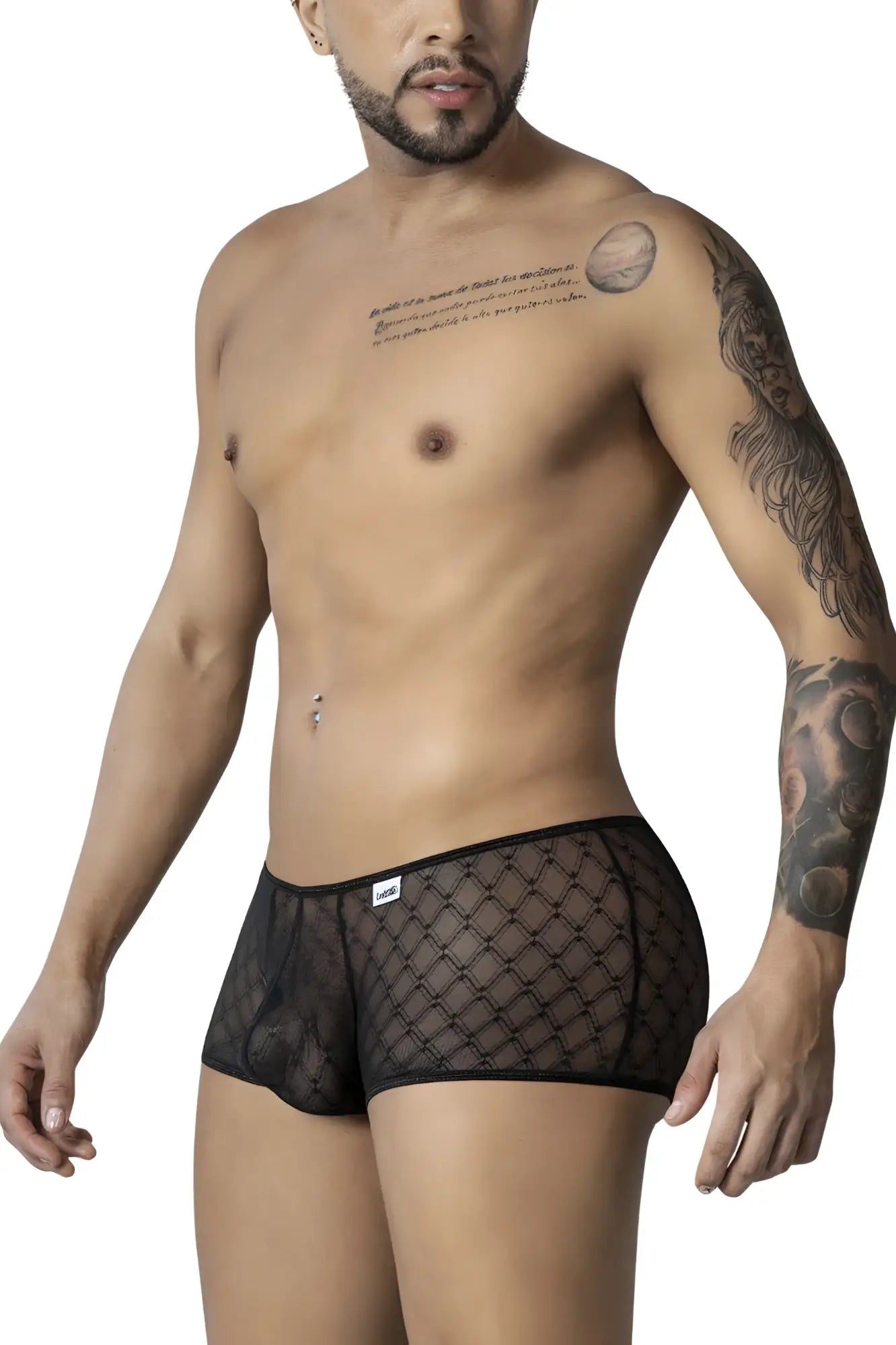 Black sheer mesh briefs with diamond-patterned design from Candyman 99896 geometric mesh trunks collection