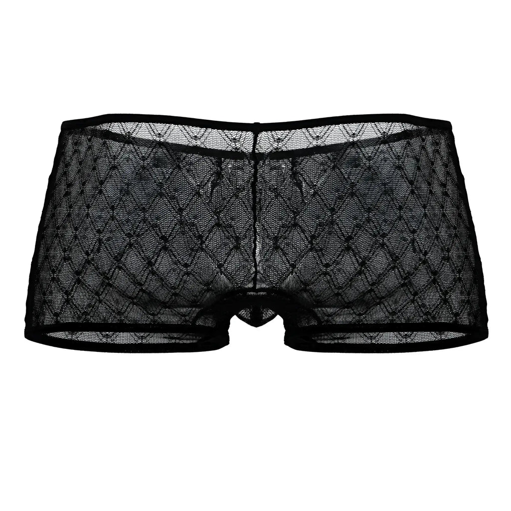 CandyMan 99896 black sheer lace men’s trunks with diamond mesh pattern and reinforced waistband front view