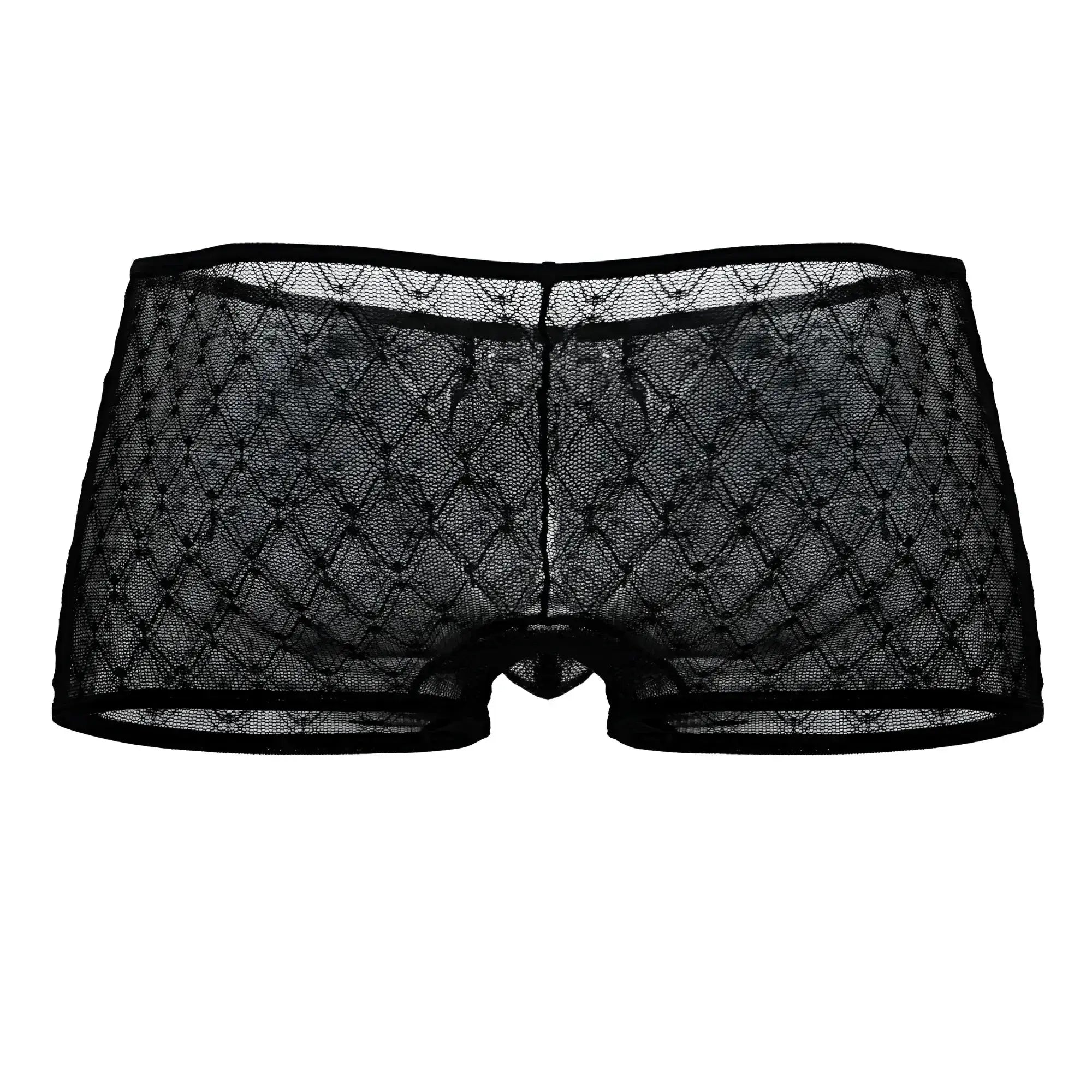 CandyMan 99896 black sheer lace men’s trunks with diamond mesh pattern and reinforced waistband front view