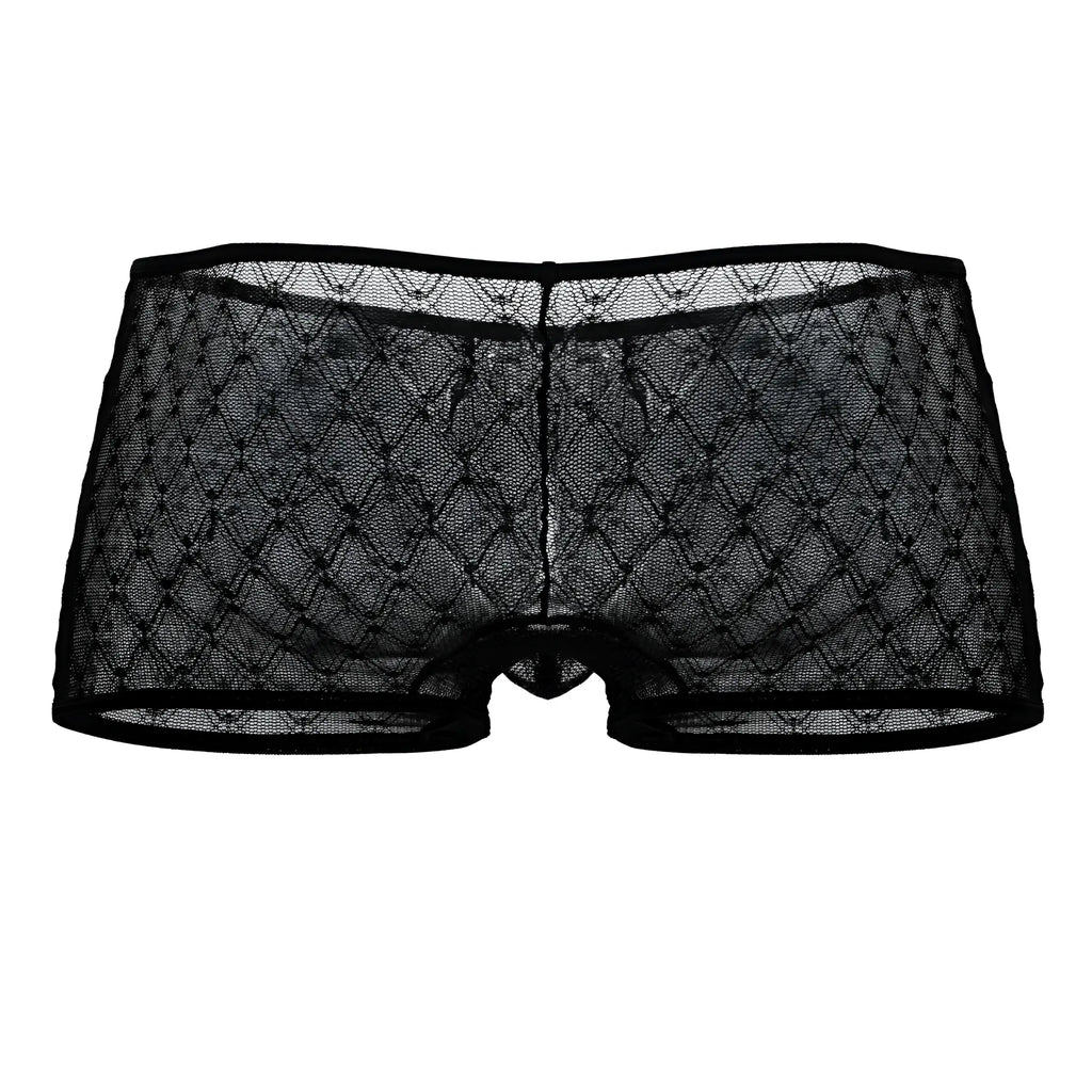 CandyMan 99896 black sheer lace men’s trunks with diamond mesh pattern and reinforced waistband front view