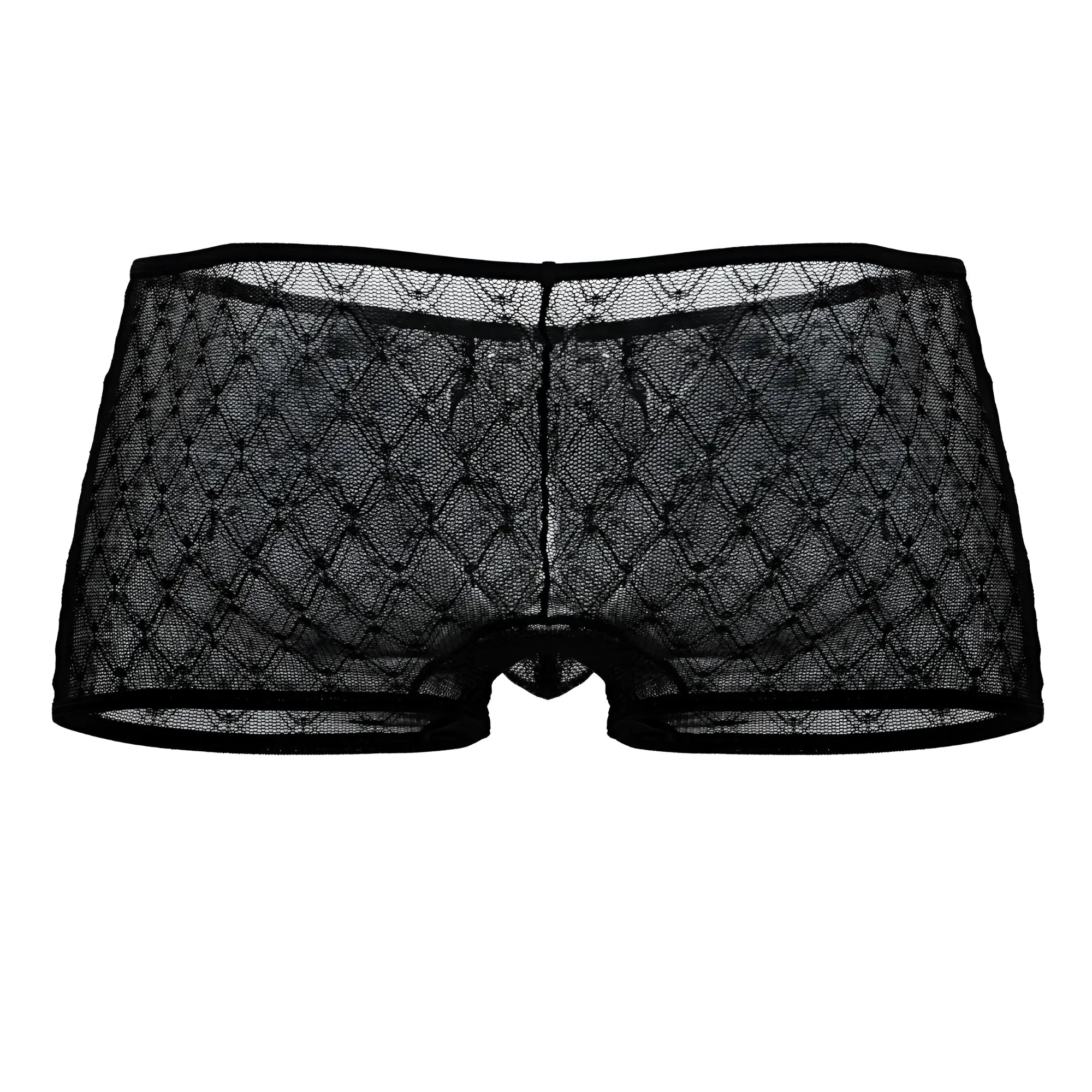 CandyMan 99896 black sheer lace men’s trunks with diamond mesh pattern and reinforced waistband front view
